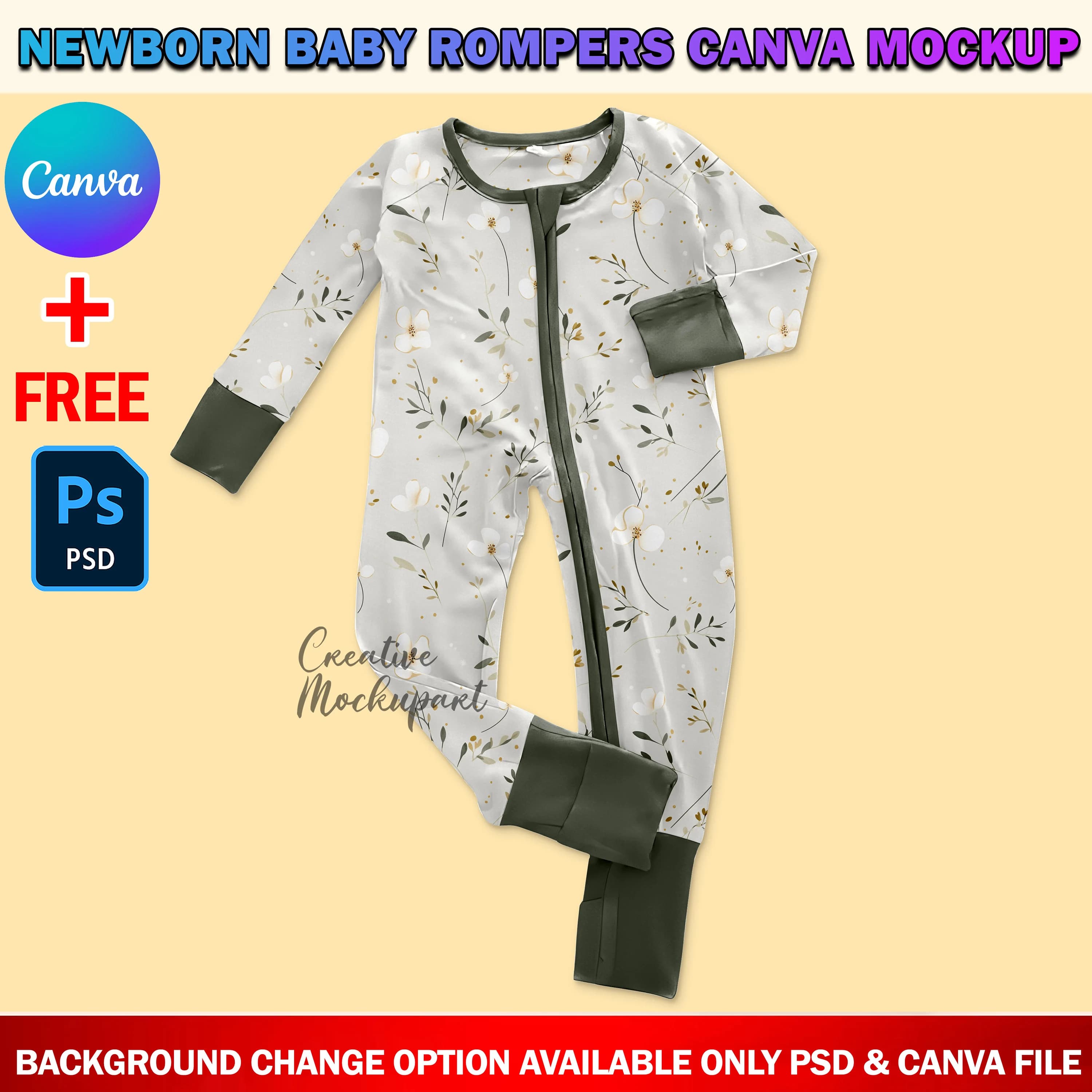Canva Newborn Baby Romper Mockup, Full Sleeve Baby Onesie Mockup, Baby Grow Mockup, Add Design & Background Into Smart Canva Frame, PSD - image 3