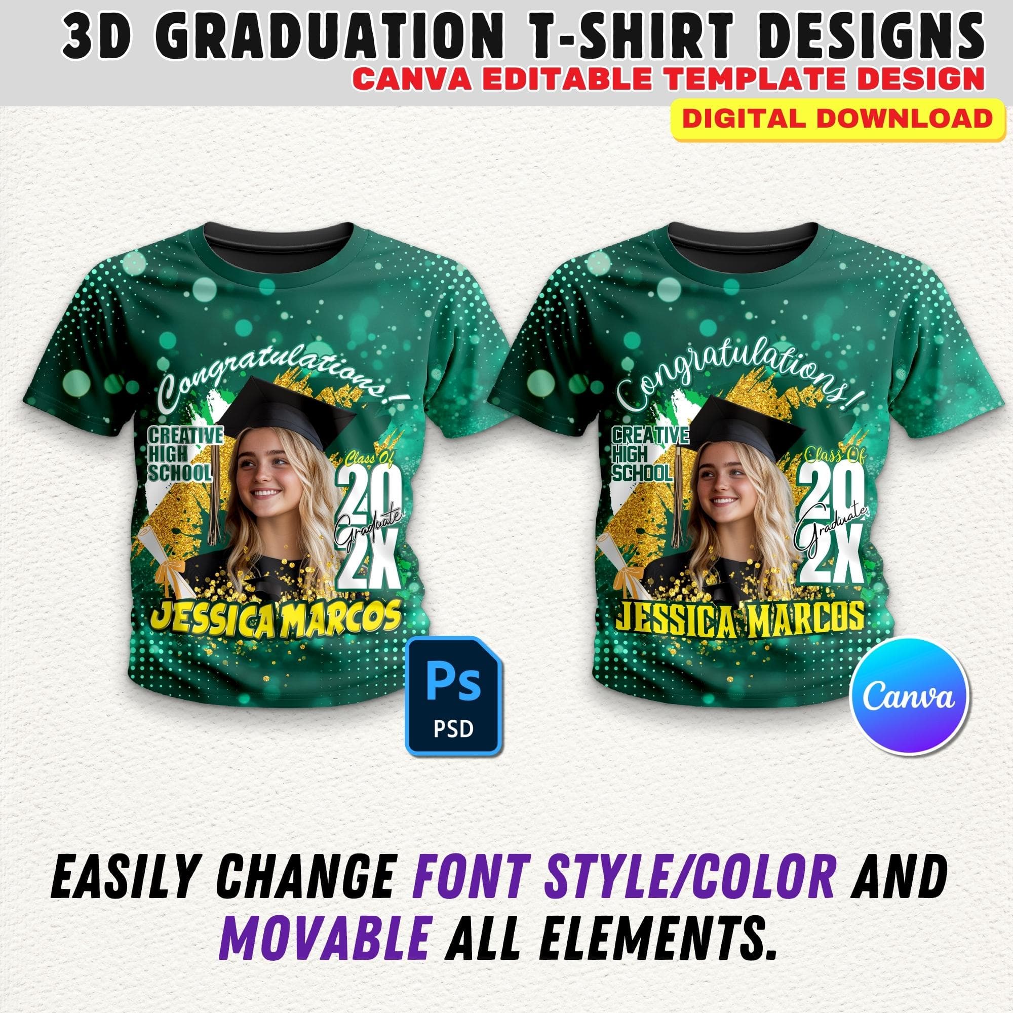 Graduation 3D Shirt Design, Dark Green T-Shirt Design Template, 32x27 Inch Editable Grad T-Shirt Canva File Perfect For DTF & Sublimation - image 4