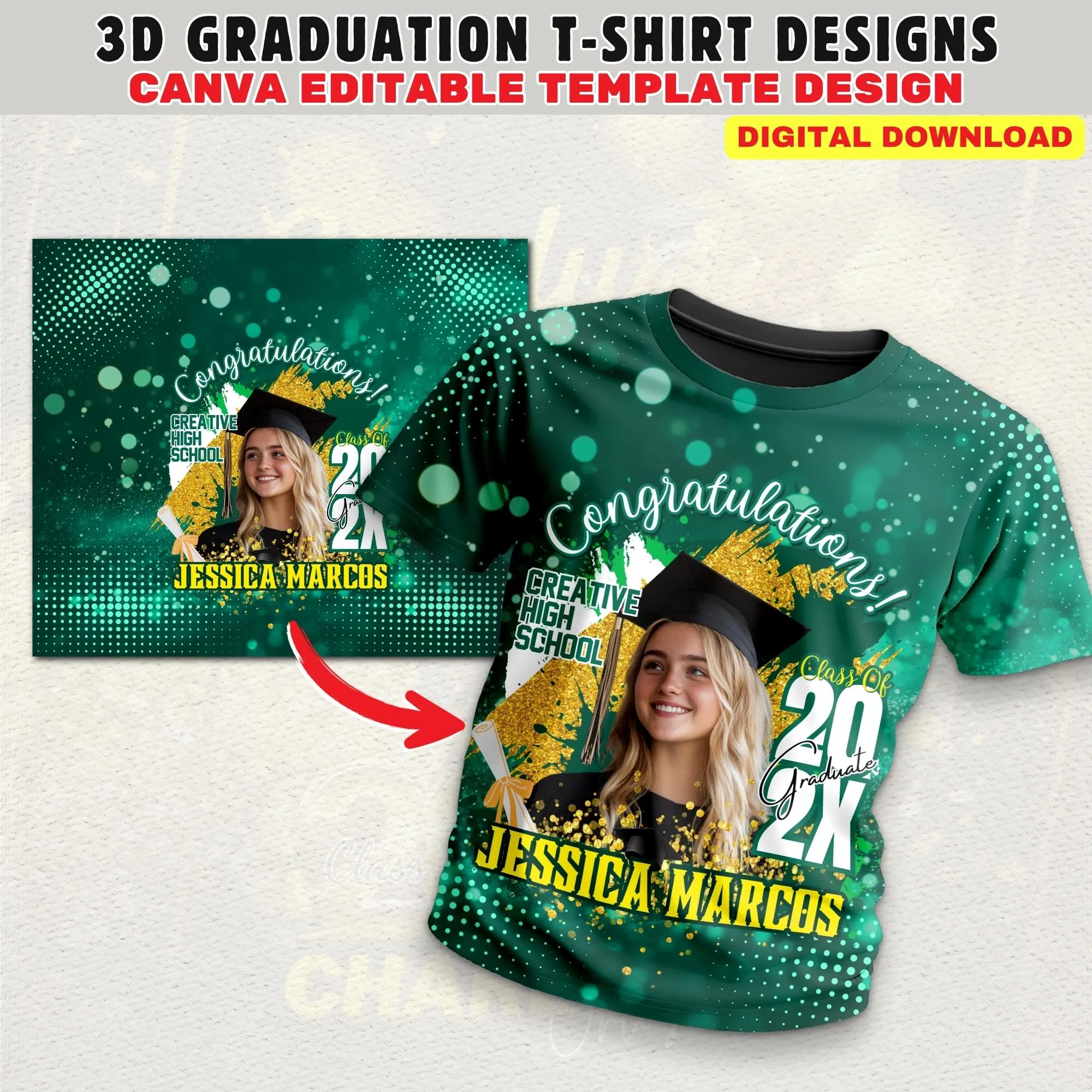 Graduation 3D Shirt Design, Dark Green T-Shirt Design Template, 32x27 Inch Editable Grad T-Shirt Canva File Perfect For DTF & Sublimation - image 3