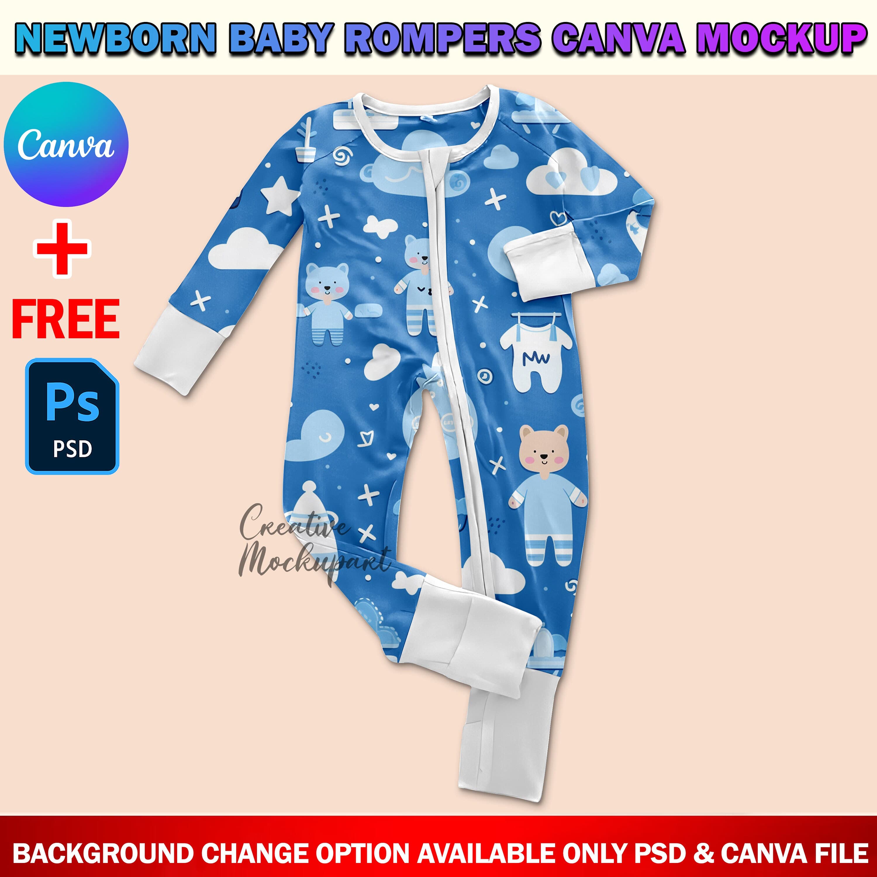 Canva Newborn Baby Romper Mockup, Full Sleeve Baby Onesie Mockup, Baby Grow Mockup, Add Design & Background Into Smart Canva Frame, PSD - image 5