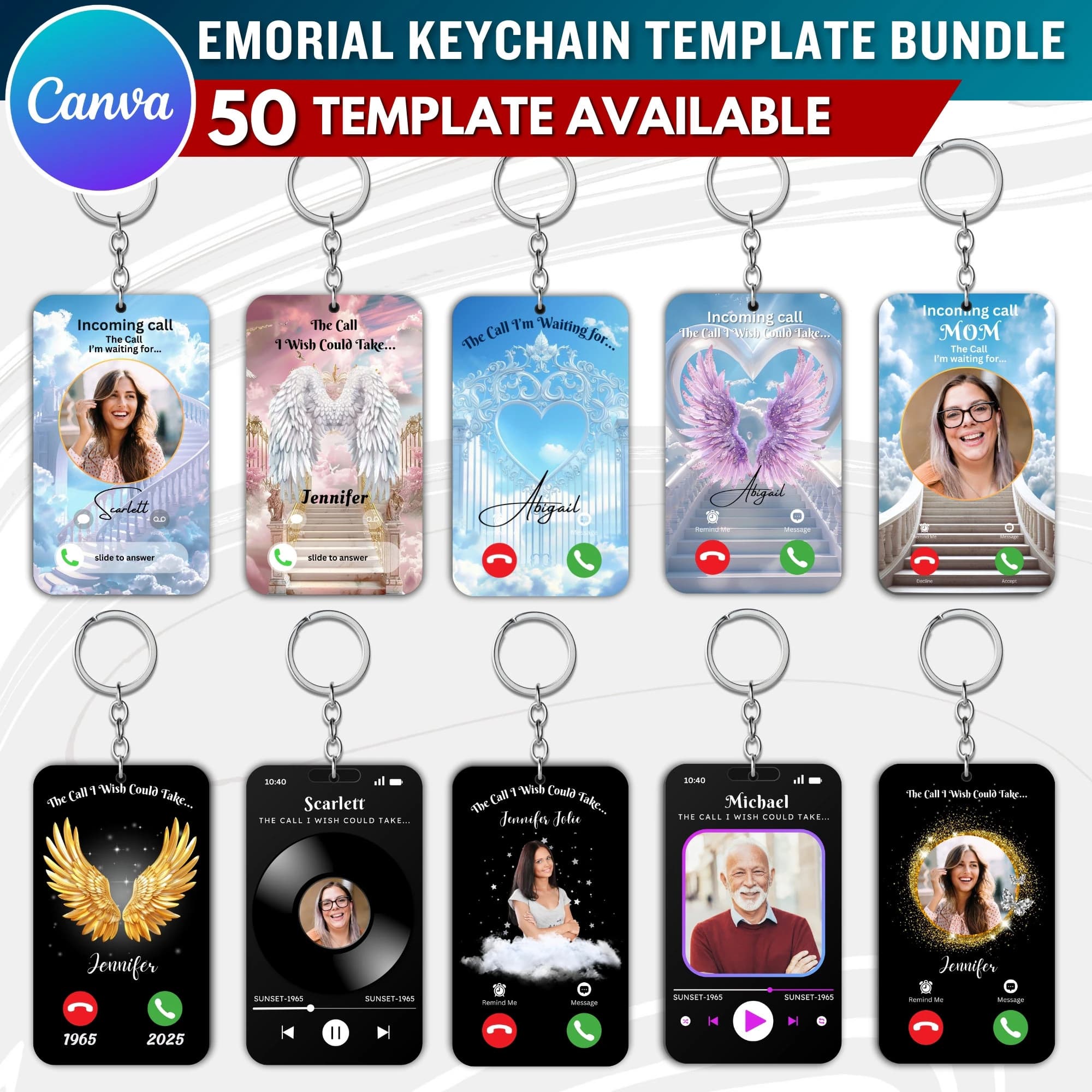 50X Memorial Keychain Canva Editable Template Bundle, Phone Call from Heaven, In Loving Memory, The Call I Wish I Could Take