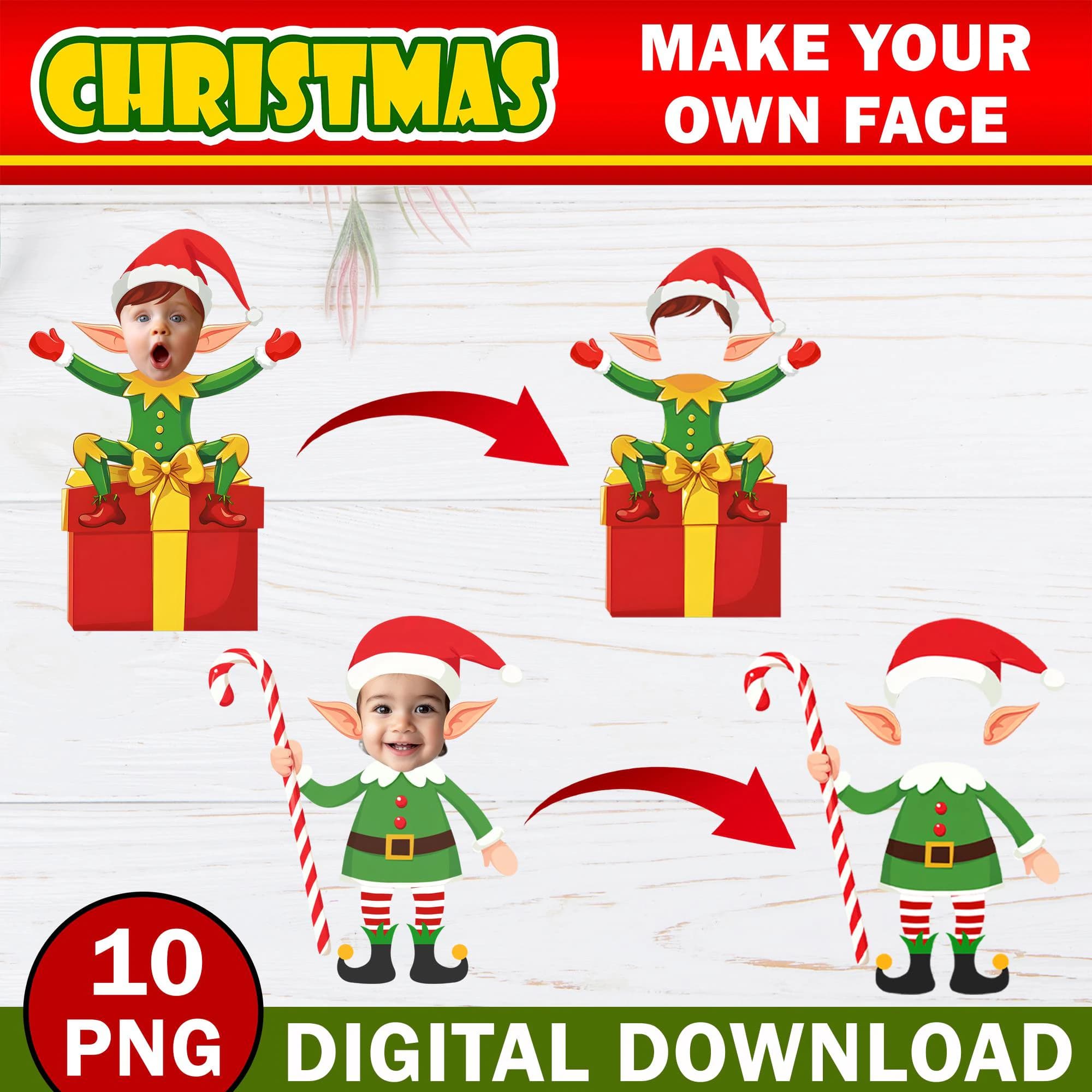 10x Christmas Add Your Own Custom Photo Face Ornament, DIY Elf Yourself PNG Bundle, Elf Face Blank, Xmas Office Ornament For Party & Decor - image 3
