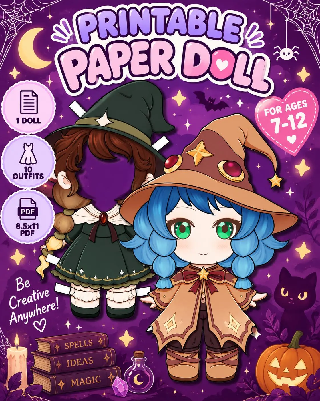 Paper Doll, Chibi Dress Up Doll, Halloween Craft, Full Color PDF