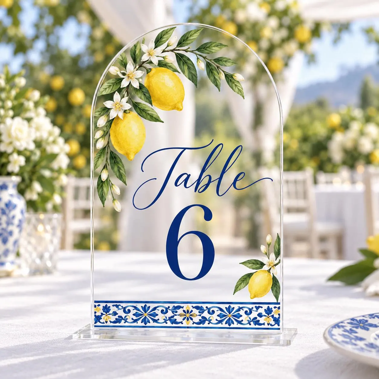 Personalized Acrylic Table Number Sign, Lemon Blossom Arch, Coastal Wedding Decor - image 3