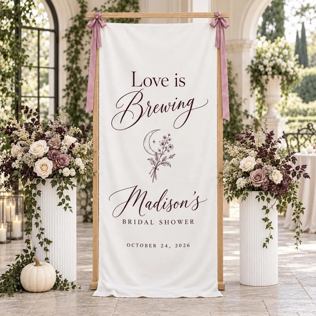 Love Is Brewing Bridal Shower Fabric Banner, Personalized Name and Date, Celestial Moon Floral Welcome Sign, Fall Wedding Party Decor - image 4