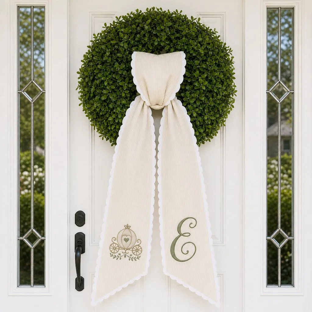 Personalized Wreath Sash, Pumpkin Carriage Monogram Embroidered Bow, Ivory Scalloped Door Decor, Fairytale Wedding Housewarming Gift - image 4