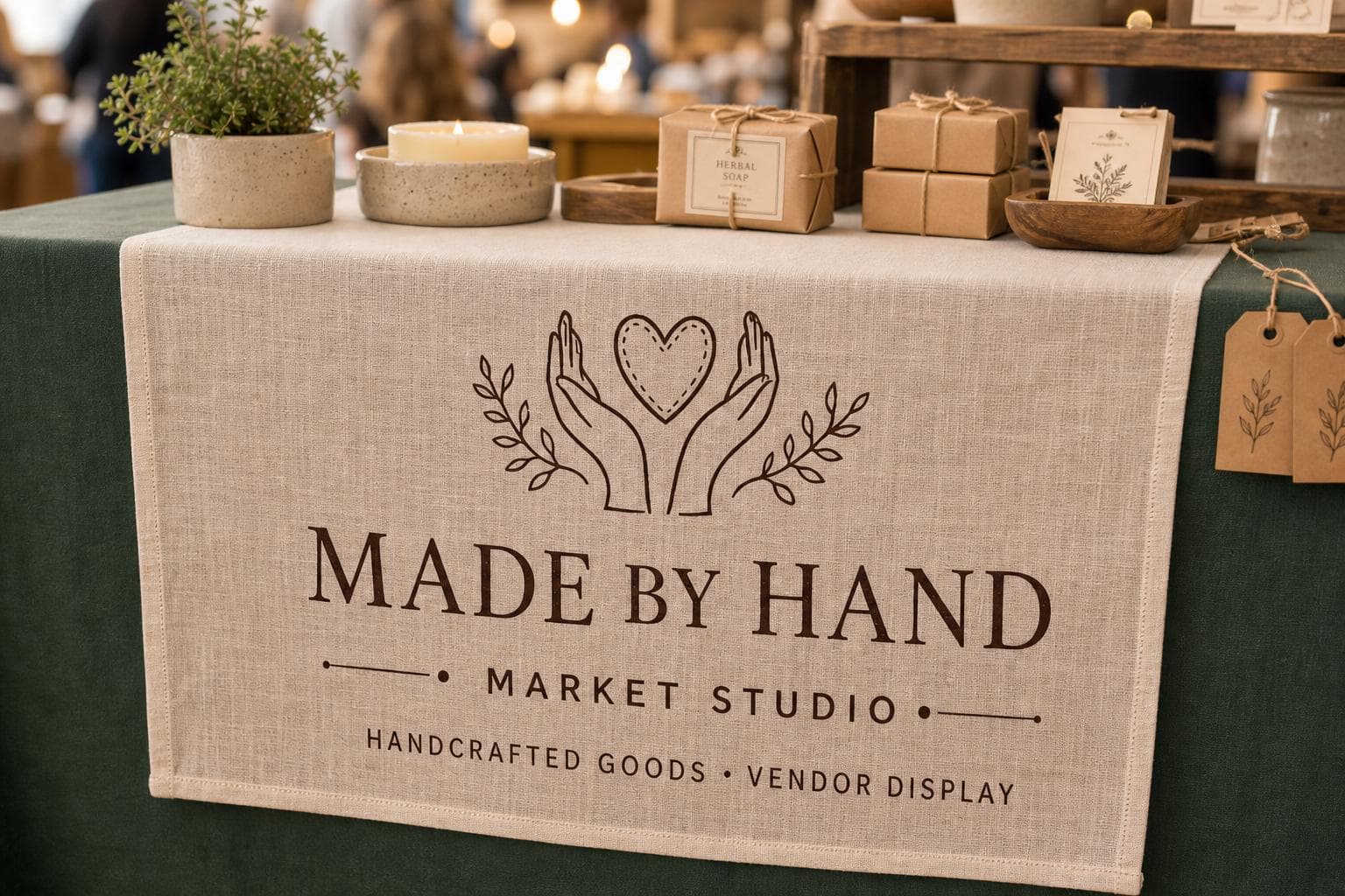 Custom Linen Table Runner with Logo, Handmade Market Booth Banner, Craft Fair Table Cover, Small Business Display Sign, Trade Show Branding - image 3