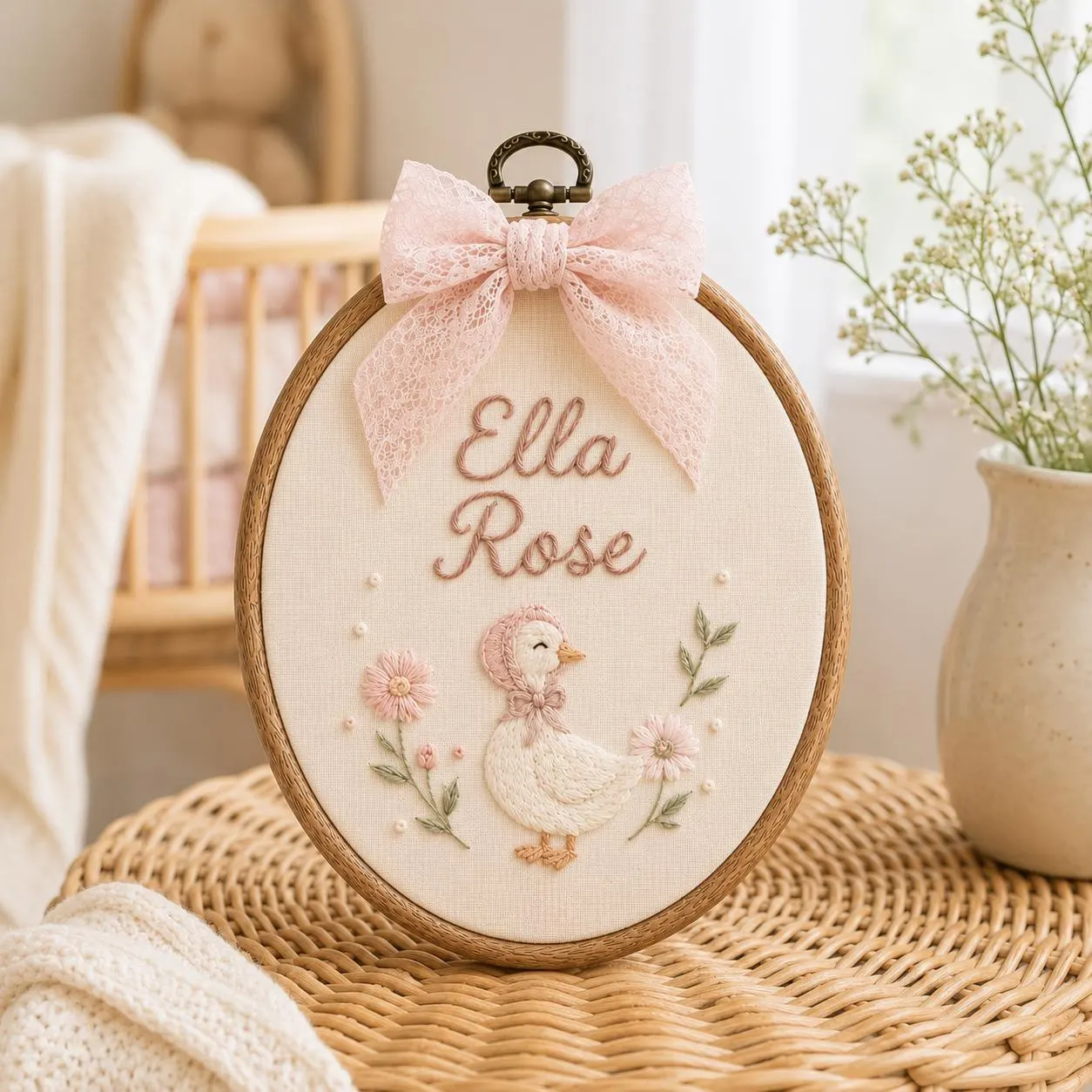 Personalized Goose Baby Name Sign, Custom Embroidered Nursery Name Hoop, Baby Shower Gift, Newborn Keepsake, Floral Baby Name Announcement - image 4