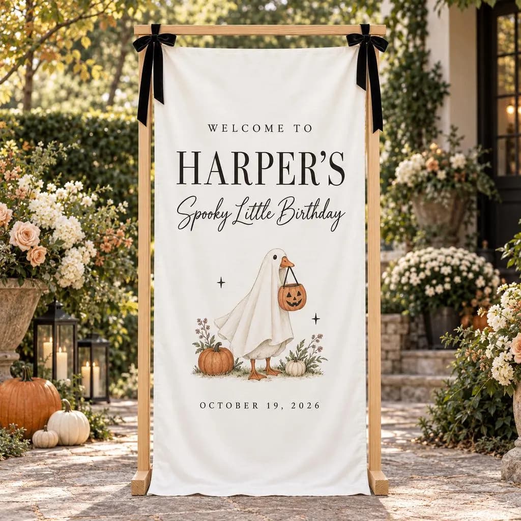 Personalized Halloween Birthday Fabric Banner, Ghost Goose Welcome Sign, Custom Name and Date, Spooky Little Party Decor - image 5