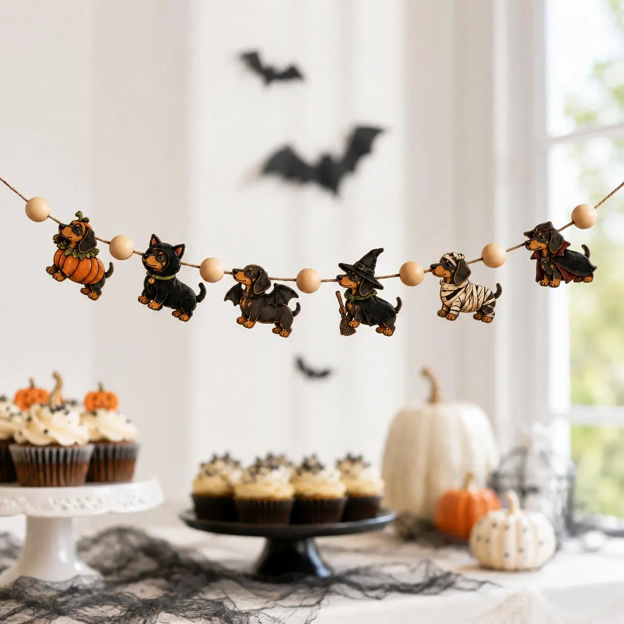 Wooden Dachshund Halloween Garland, Spooky Wiener Dog Ornaments, Cute Costume Doxie Hanging Decor, Fall Mantel Decoration, Dog Lover Gift - image 4