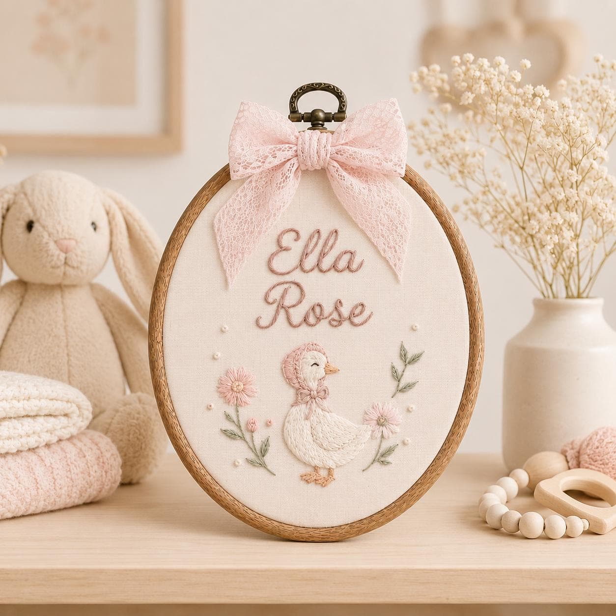 Personalized Goose Baby Name Sign, Custom Embroidered Nursery Name Hoop, Baby Shower Gift, Newborn Keepsake, Floral Baby Name Announcement - image 3