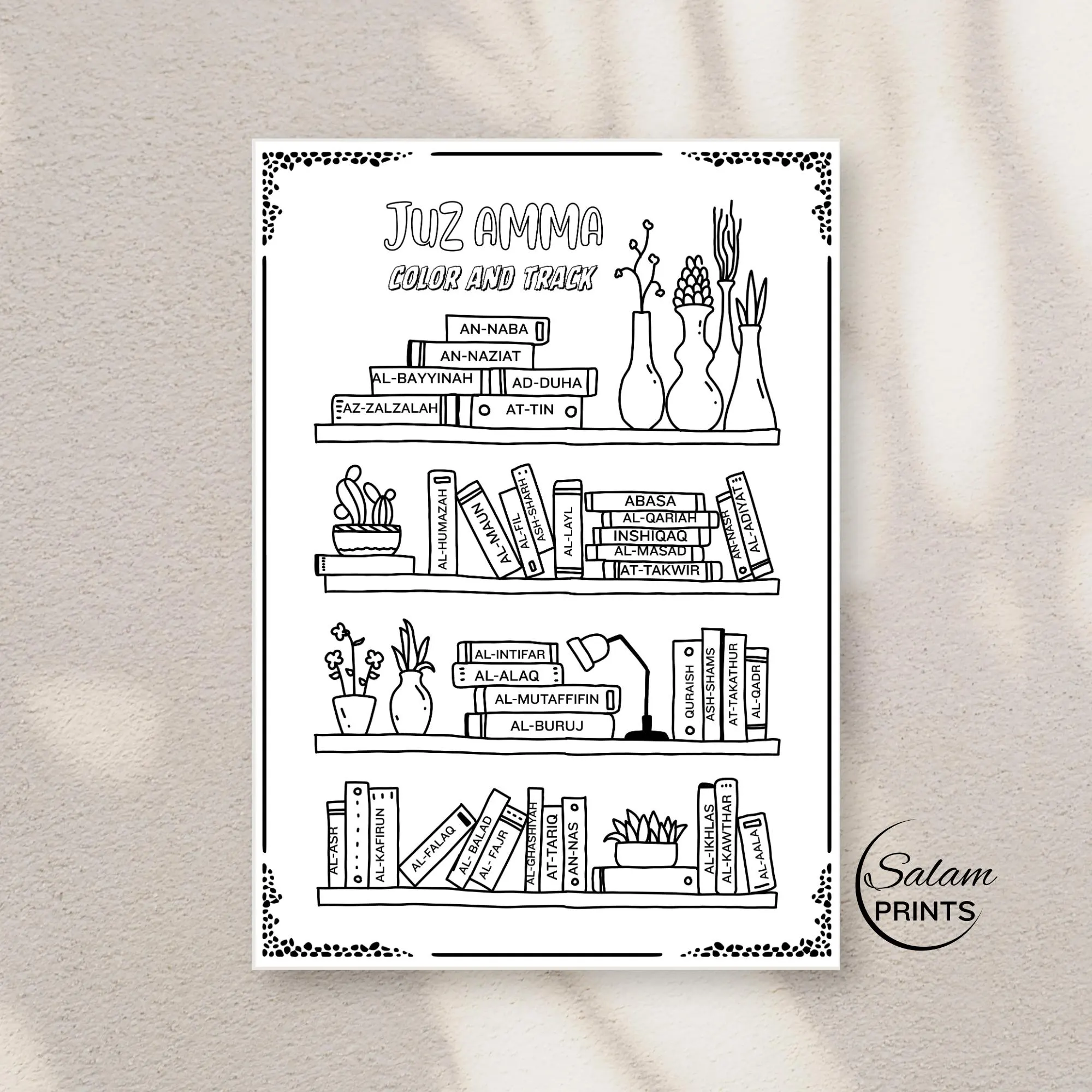 "A4 printable Juz Amma tracker coloring sheet featuring stacked bookshelves with each book representing a Surah from Amma Para; ideal for kids, adults, or Hifz students to track Quran memorization progress with a fun and motivating design."