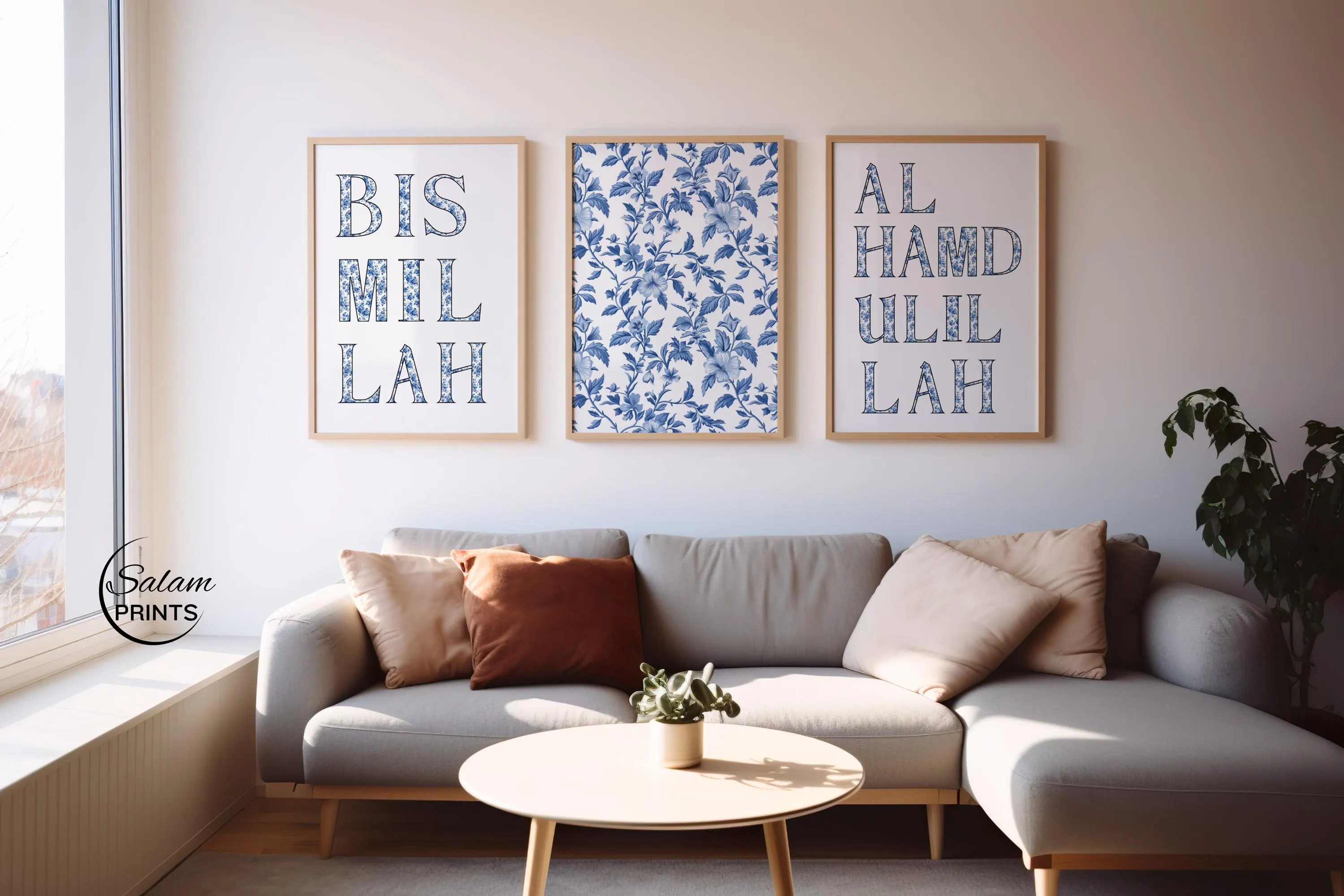 Chinoiserie wall art with an intricate blue and white toile design on a white background, featuring elegant typographic Arabic calligraphy. The artwork includes the phrases 'Bismillah' and 'Alhamdulillah' beautifully integrated into the traditional toile pattern. This unique piece combines classical Chinoiserie elements with spiritual typography, making it a stunning addition to any home decor or Islamic art collection. Perfect for those seeking elegant and meaningful wall art