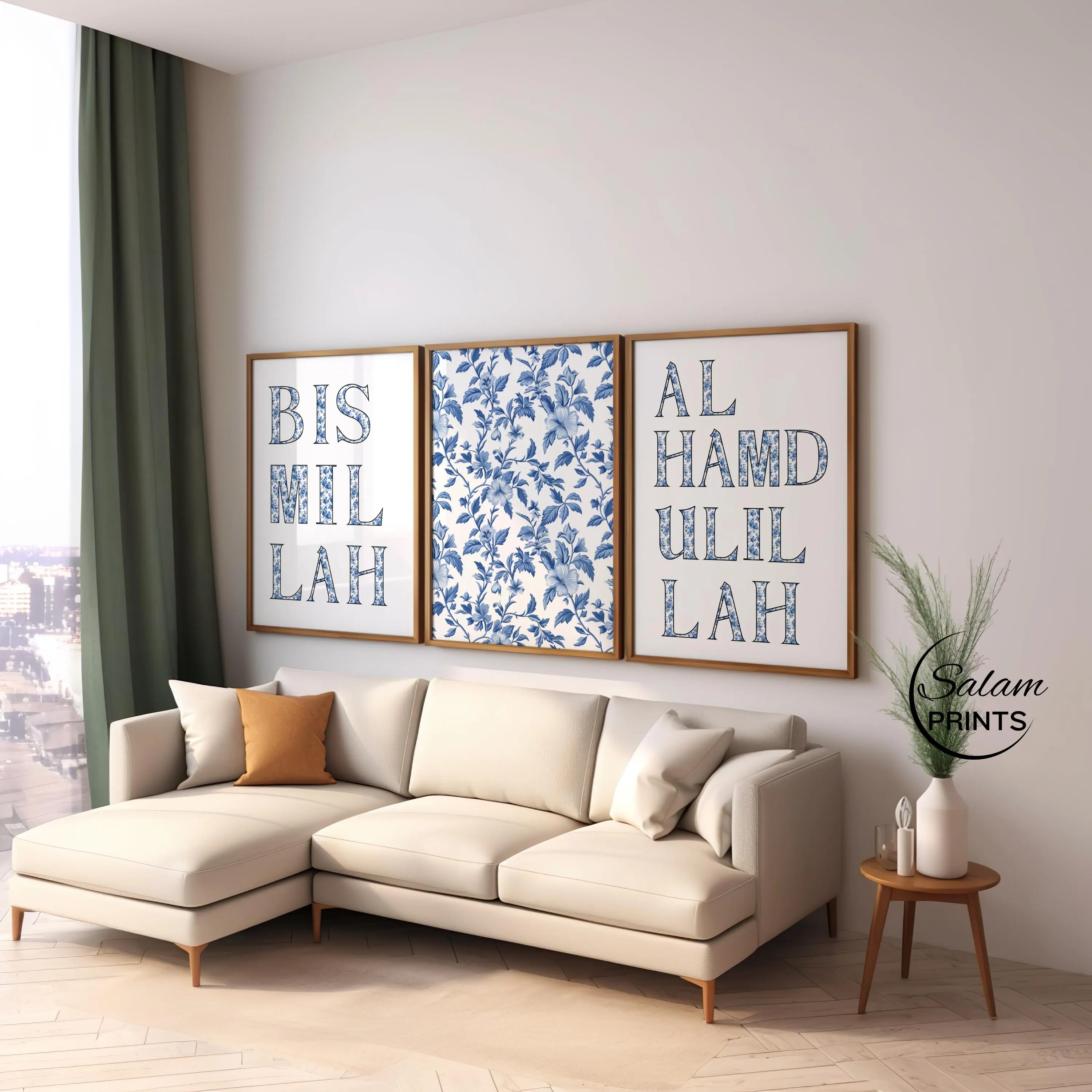 Chinoiserie wall art with an intricate blue and white toile design on a white background, featuring elegant typographic Arabic calligraphy. The artwork includes the phrases 'Bismillah' and 'Alhamdulillah' beautifully integrated into the traditional toile pattern. This unique piece combines classical Chinoiserie elements with spiritual typography, making it a stunning addition to any home decor or Islamic art collection. Perfect for those seeking elegant and meaningful wall art