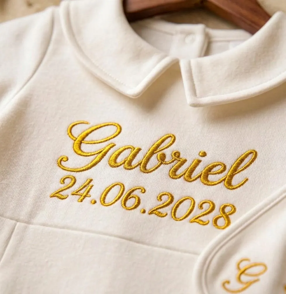 Tenue de Baptême Personnalisée Bébé Garçon | Barboteuse Blanche et Bavoir Brodés Or | Cadeau de Naissance, Parrain Marraine | Cérémonie - image 4