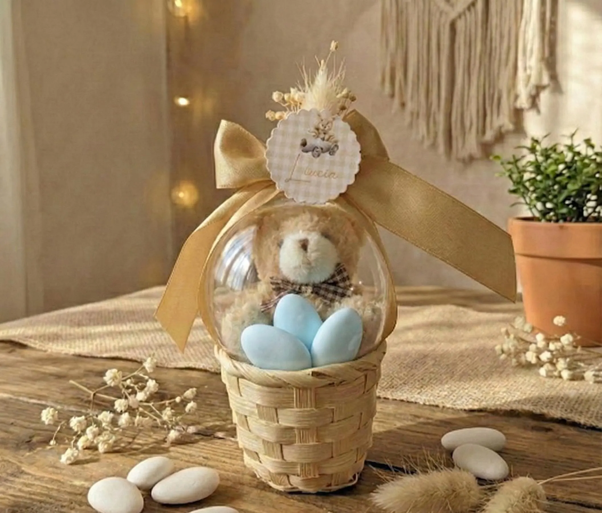 Cadeaux Baptême Ours en Peluche Personnalisé, Boîte Cadeau Panier en Osier avec Dôme, Faveur Invités Naissance Fête Prénatale Rustique Chic - image 4