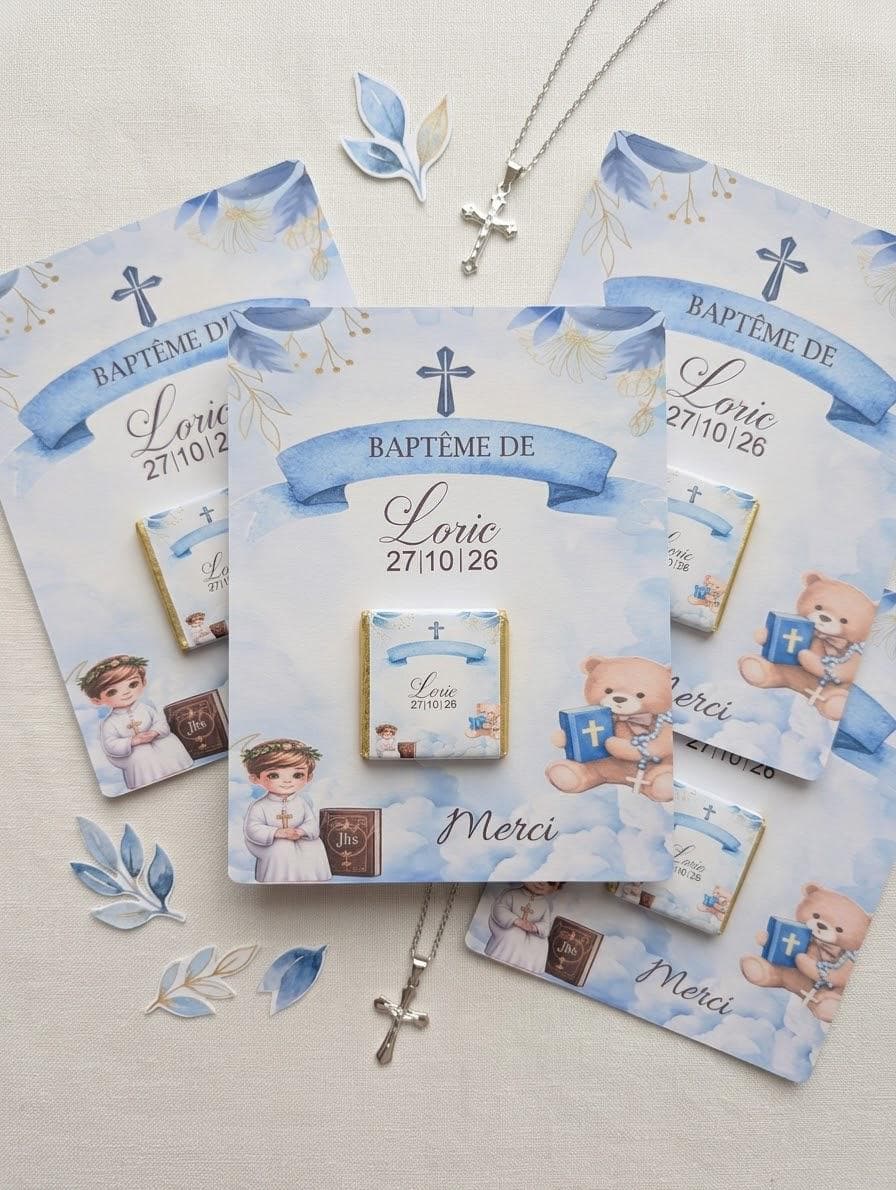 Cadeau Invité baptême Chocolat Personnalisé |Garçon et Fille | Thème souhaité | Carte de Bienvenue Bébé Baptême - image 4