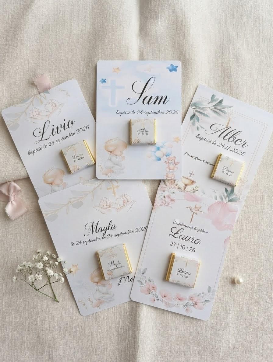 Cadeau Invité baptême Chocolat Personnalisé |Garçon et Fille | Thème souhaité | Carte de Bienvenue Bébé Baptême
