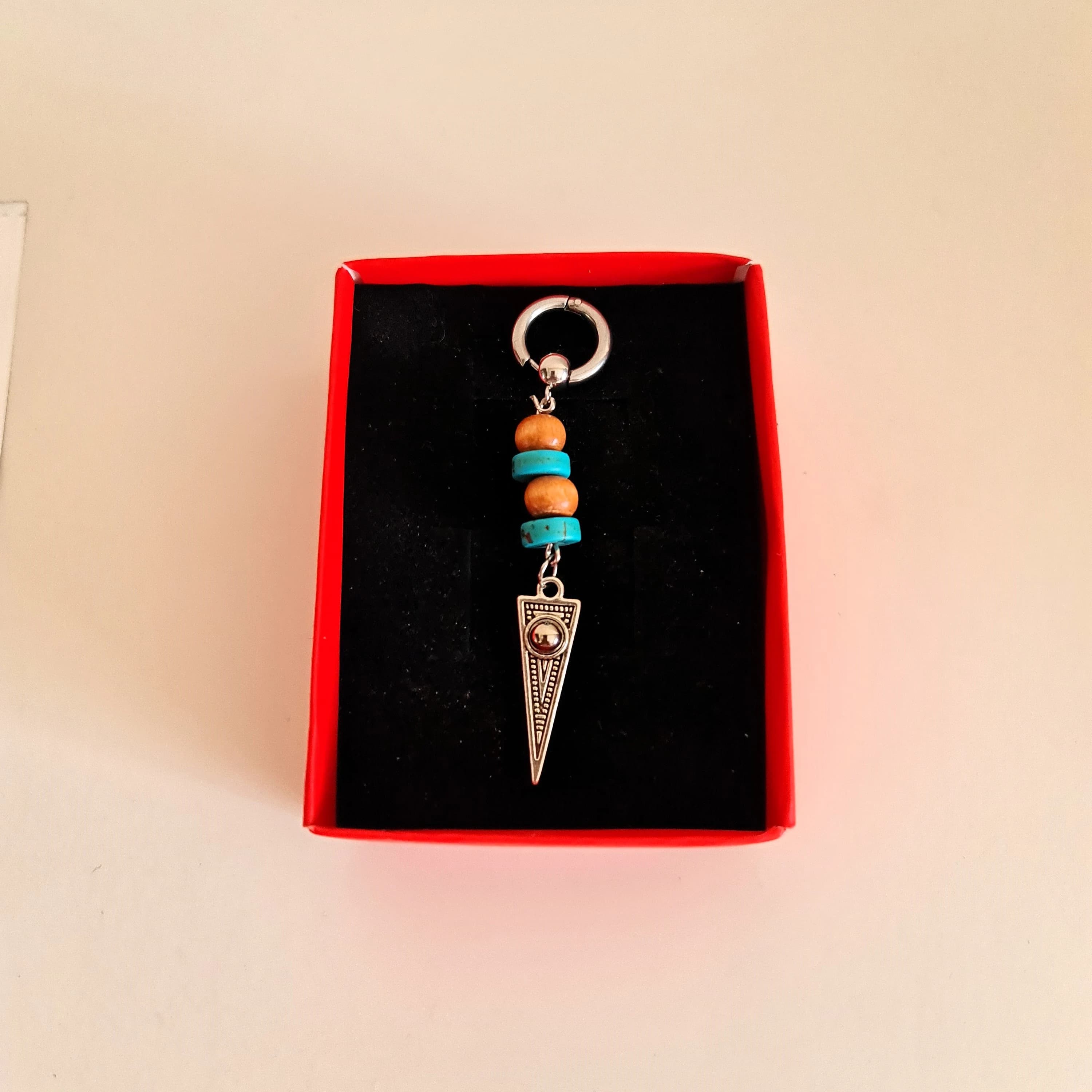 Mens Turquoise Gemstone Triangle Earring, Stone Dangle Hoop, Minimalist Bohemian Gothic Beaded Design - Edgy Gift for Men, Tribal Earrings - image 4