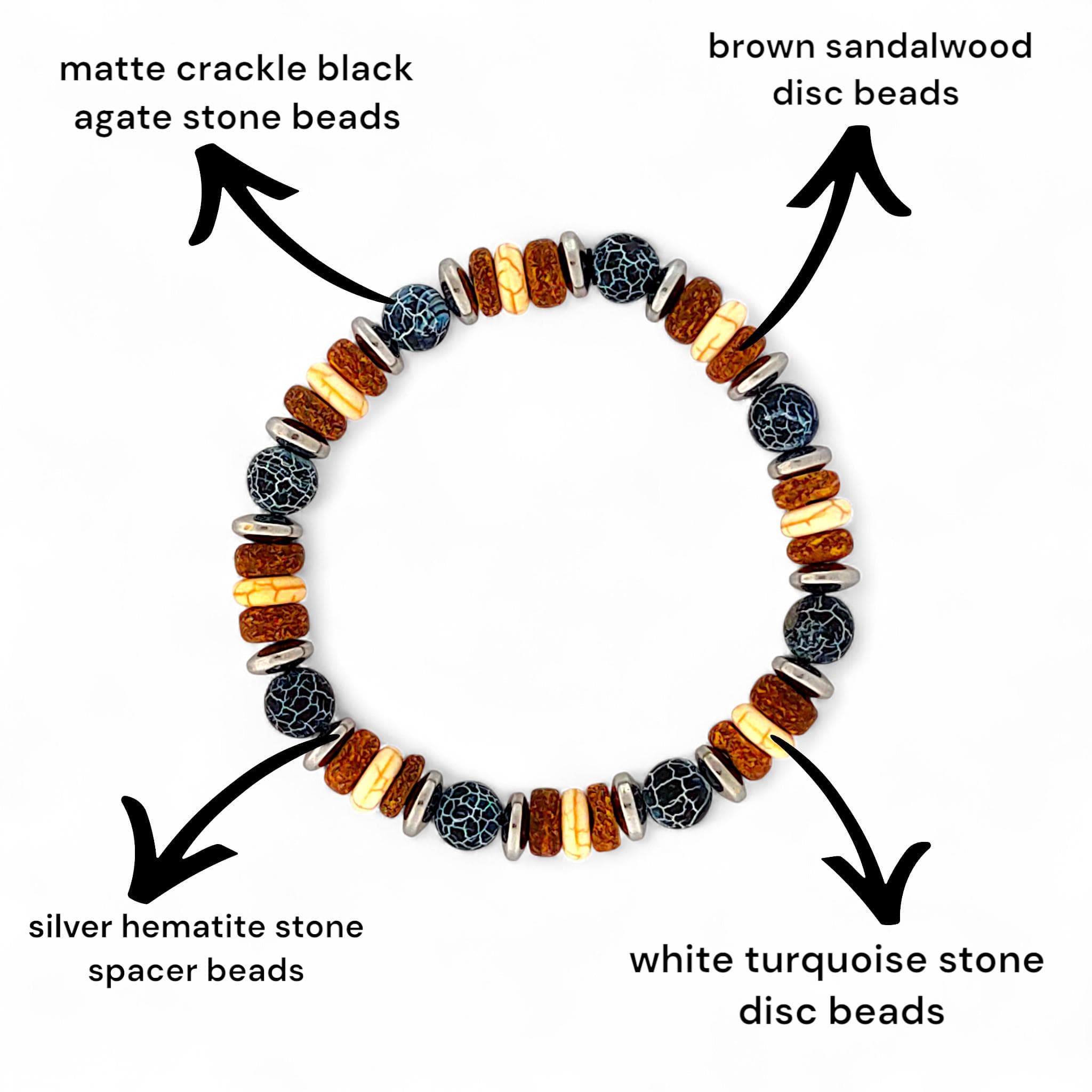 Beaded gemstone bracelet for men, featuring natural sandalwood disc beads and white turquoise, perfect as a summer gift.