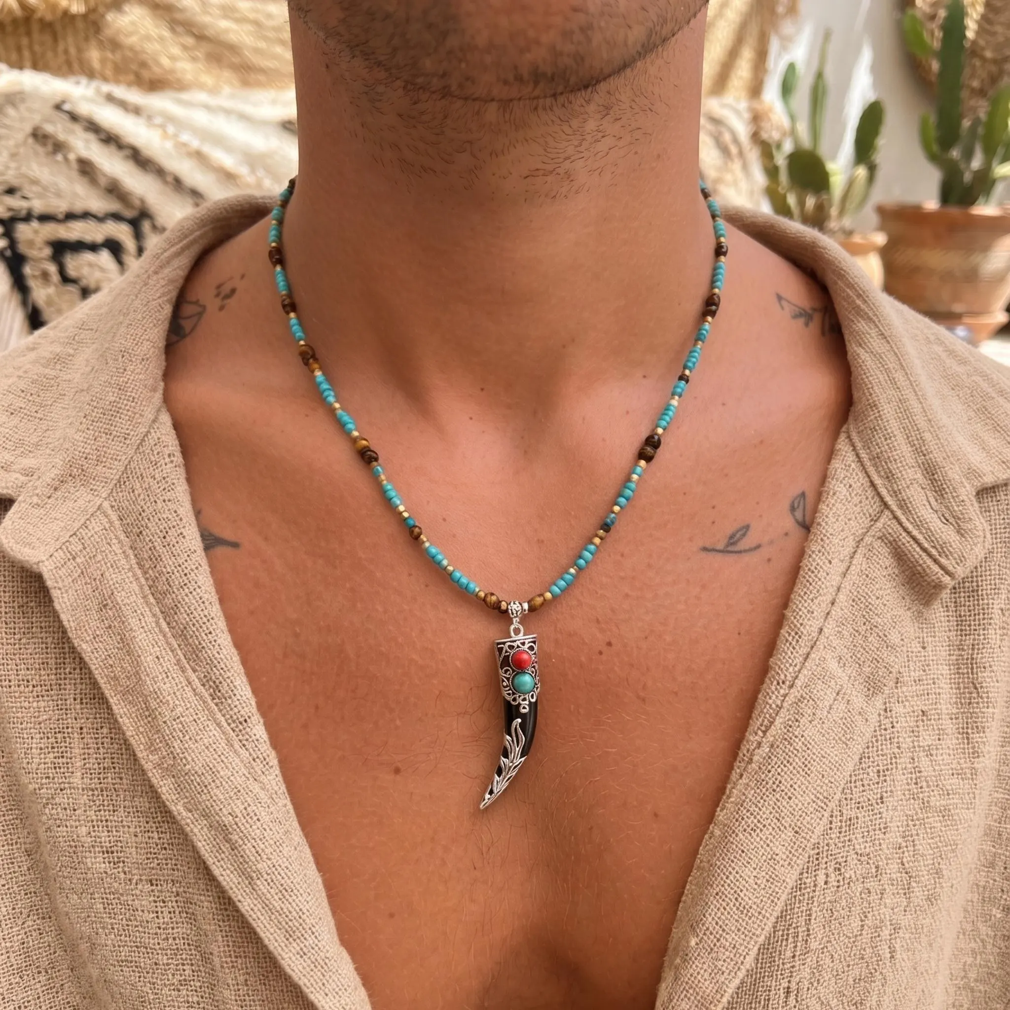 Handmade Tibetan tribal horn tusk pendant necklace for men with turquoise and tiger eye beads, antique silver engraved boho amulet, spiritual protection talisman jewelry and unique gift for him