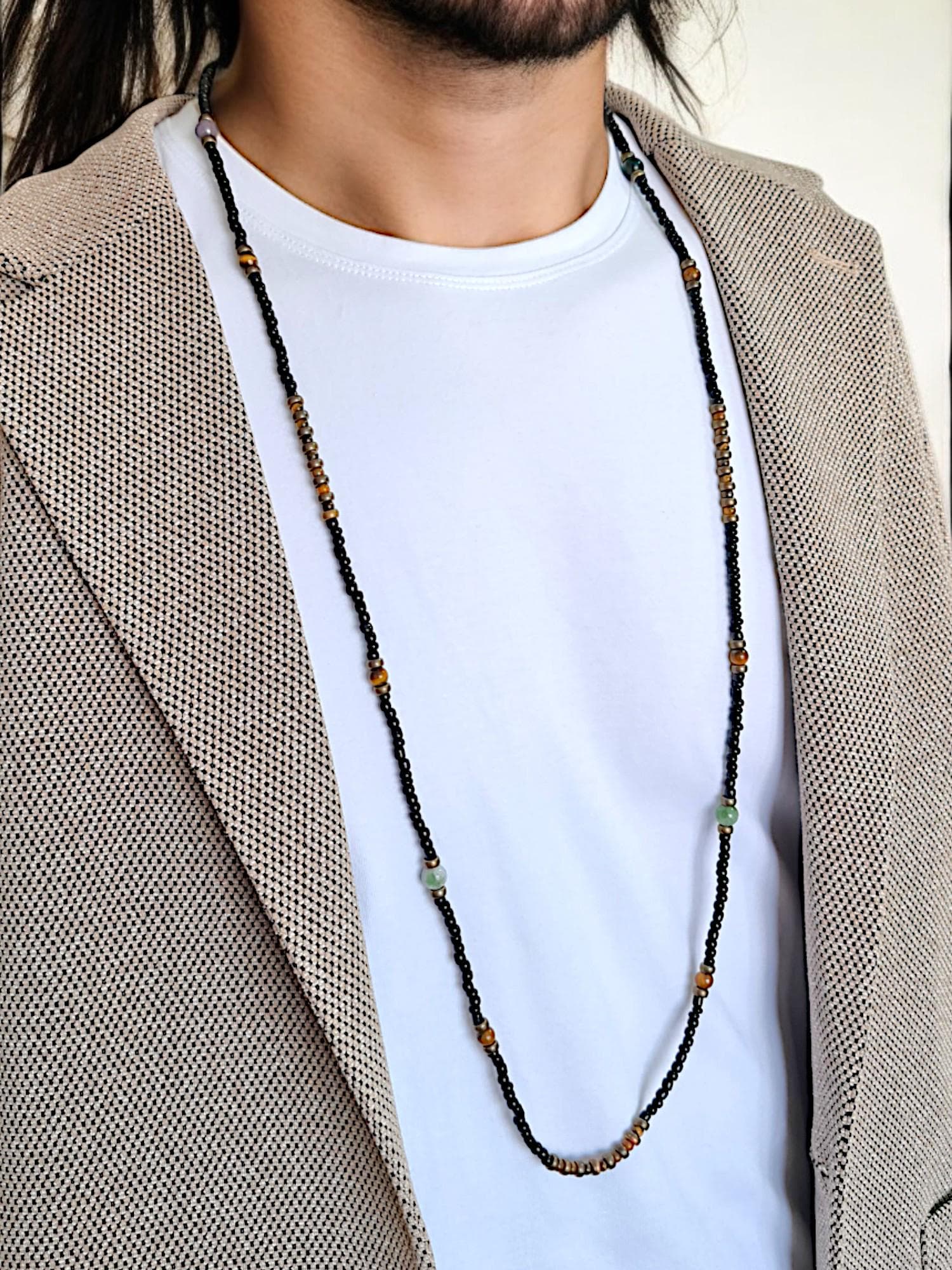Personalized Mens Necklace with Gemstones and a Long Layered Design