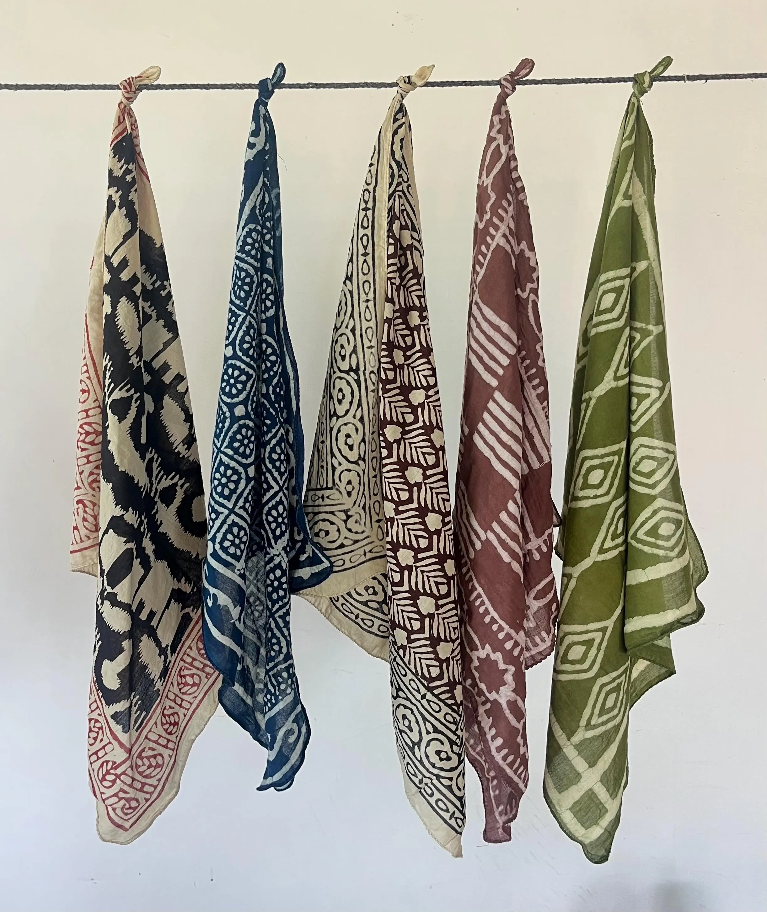 Set of 10 Hand-Printed Bandanas, Natural Dye Cotton Necktie - image 3