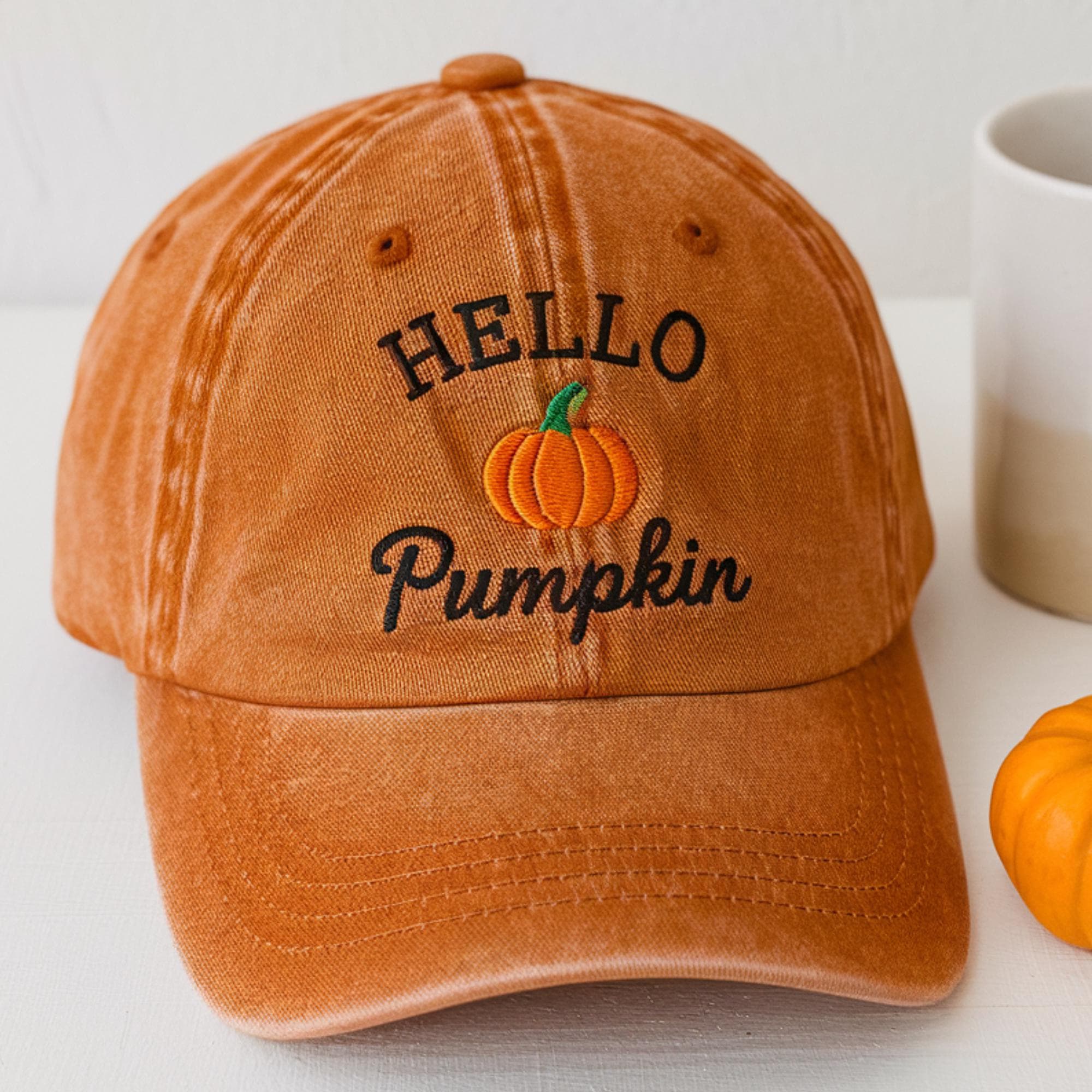 Embroidered Hello Pumpkin Hat, Autumn Baseball Cap - image 3
