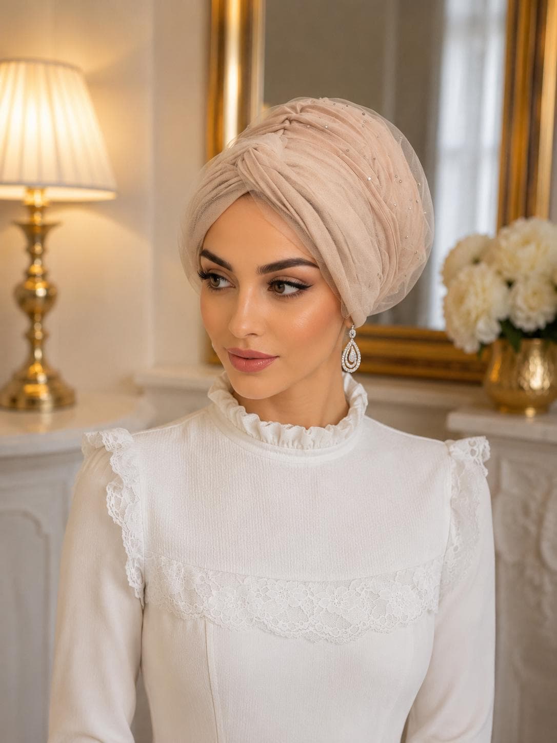 Crystal Embellished Tulle Turban, Elegant Wedding Head Wrap, Voluminous Ready to Wear Turban, Non-Slip Headscarf for Women - image 4