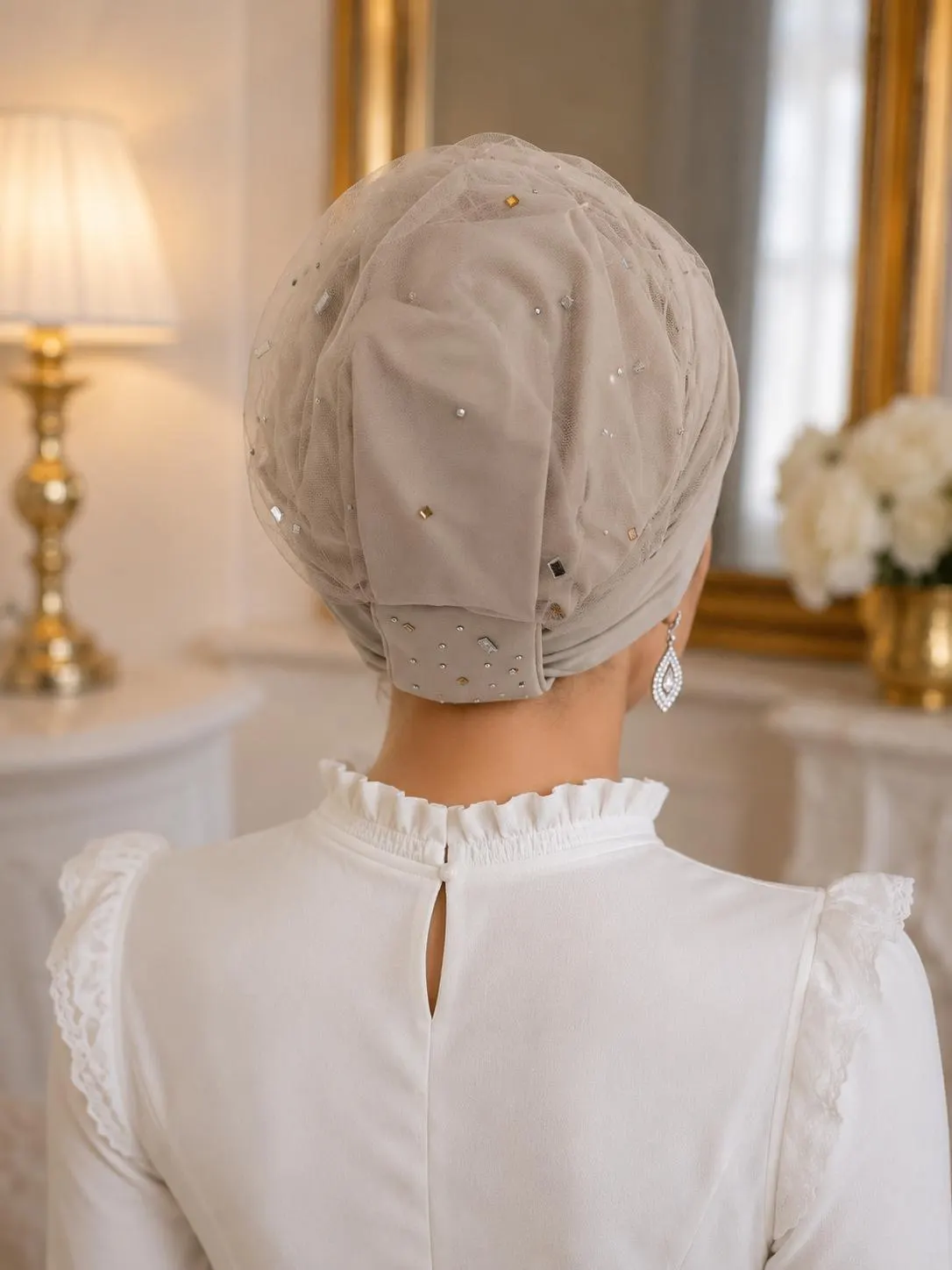 Crystal Embellished Tulle Turban, Elegant Wedding Head Wrap, Voluminous Ready to Wear Turban, Non-Slip Headscarf for Women - image 3
