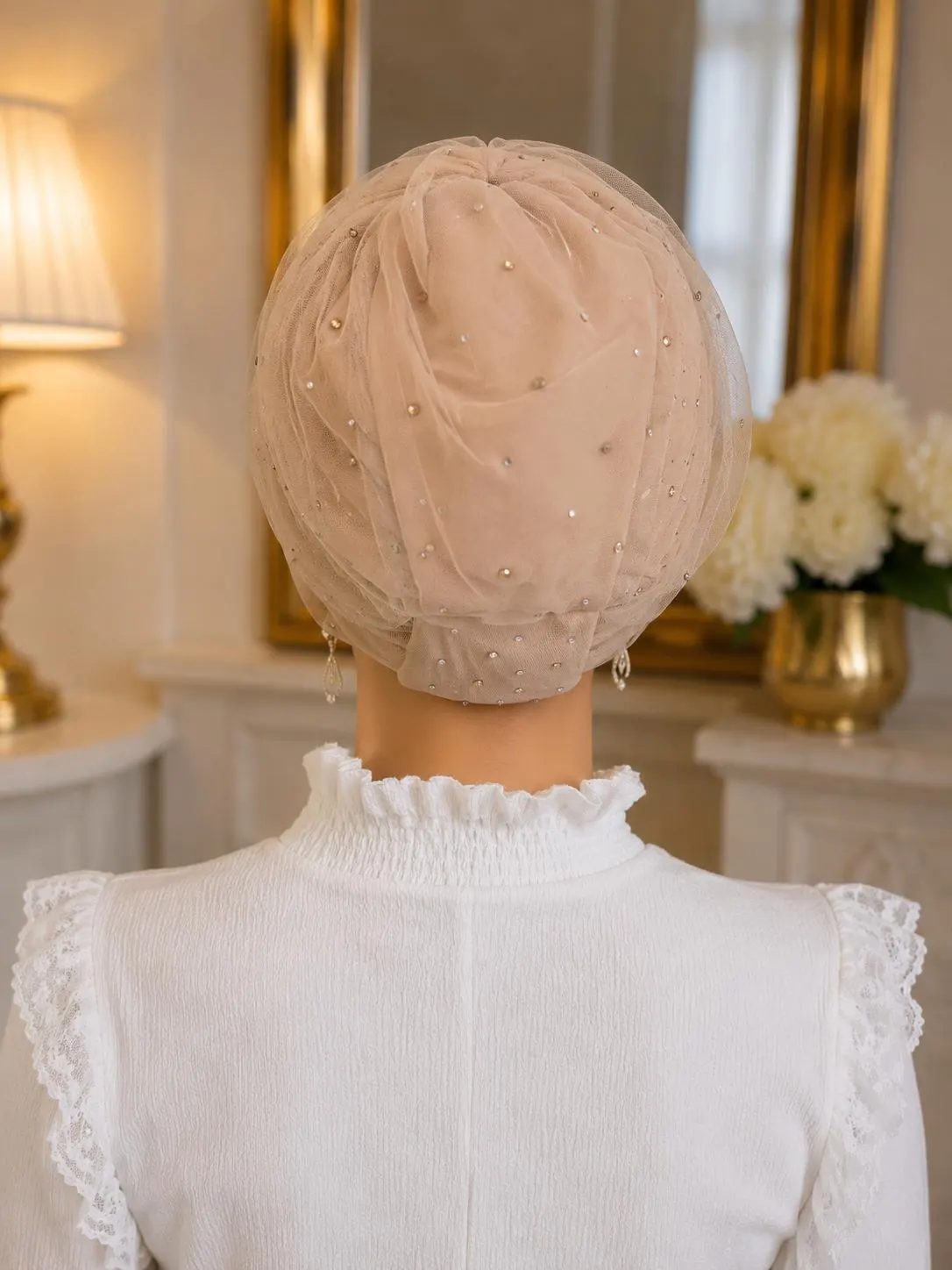 Crystal Embellished Tulle Turban, Elegant Wedding Head Wrap, Voluminous Ready to Wear Turban, Non-Slip Headscarf for Women - image 5