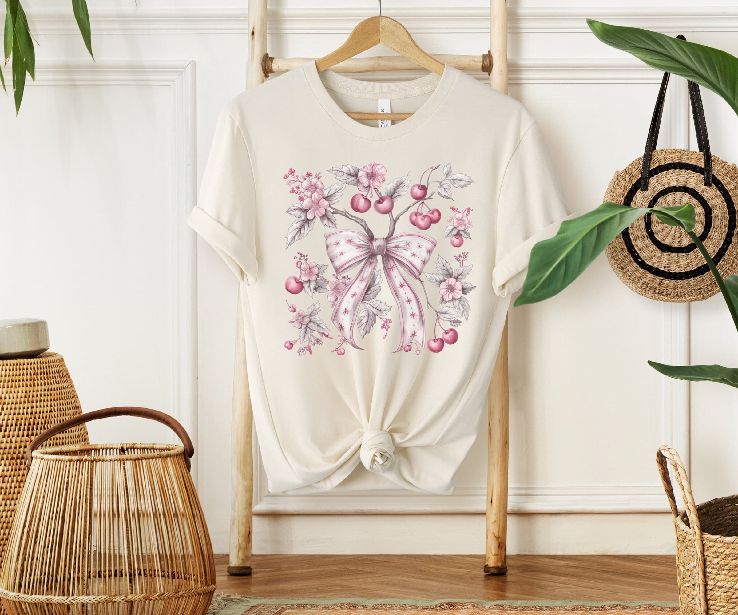 Coquette Bow & Cherry T-shirt, Cottagecore Ribbon Crewneck - image 5