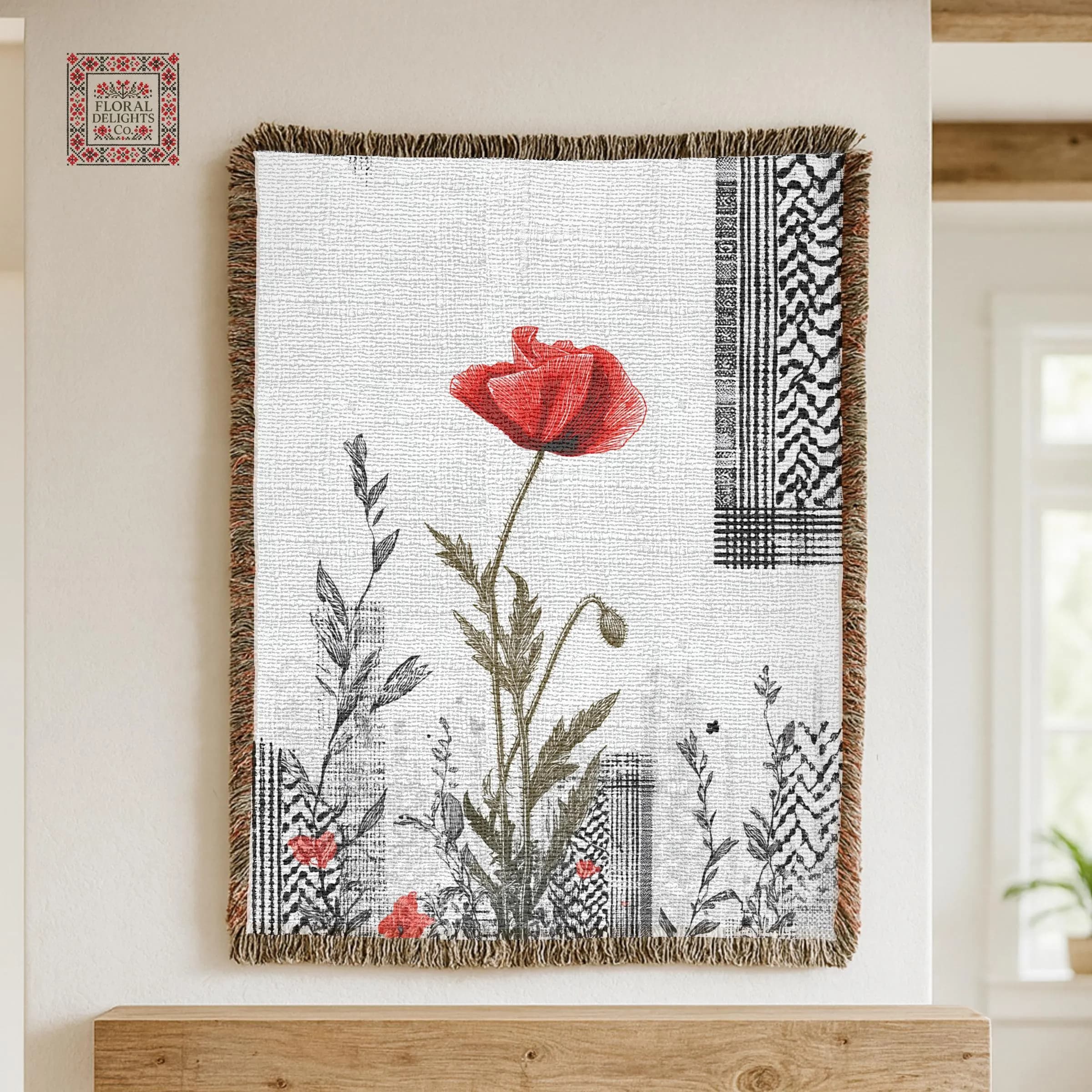 Palestine Blanket - Keffiyeh Throw Blanket, Cozy Couch Blanket, Palestinian Kufiya Blanket, Palestine Poppies Blanket, Palestine Home Decor