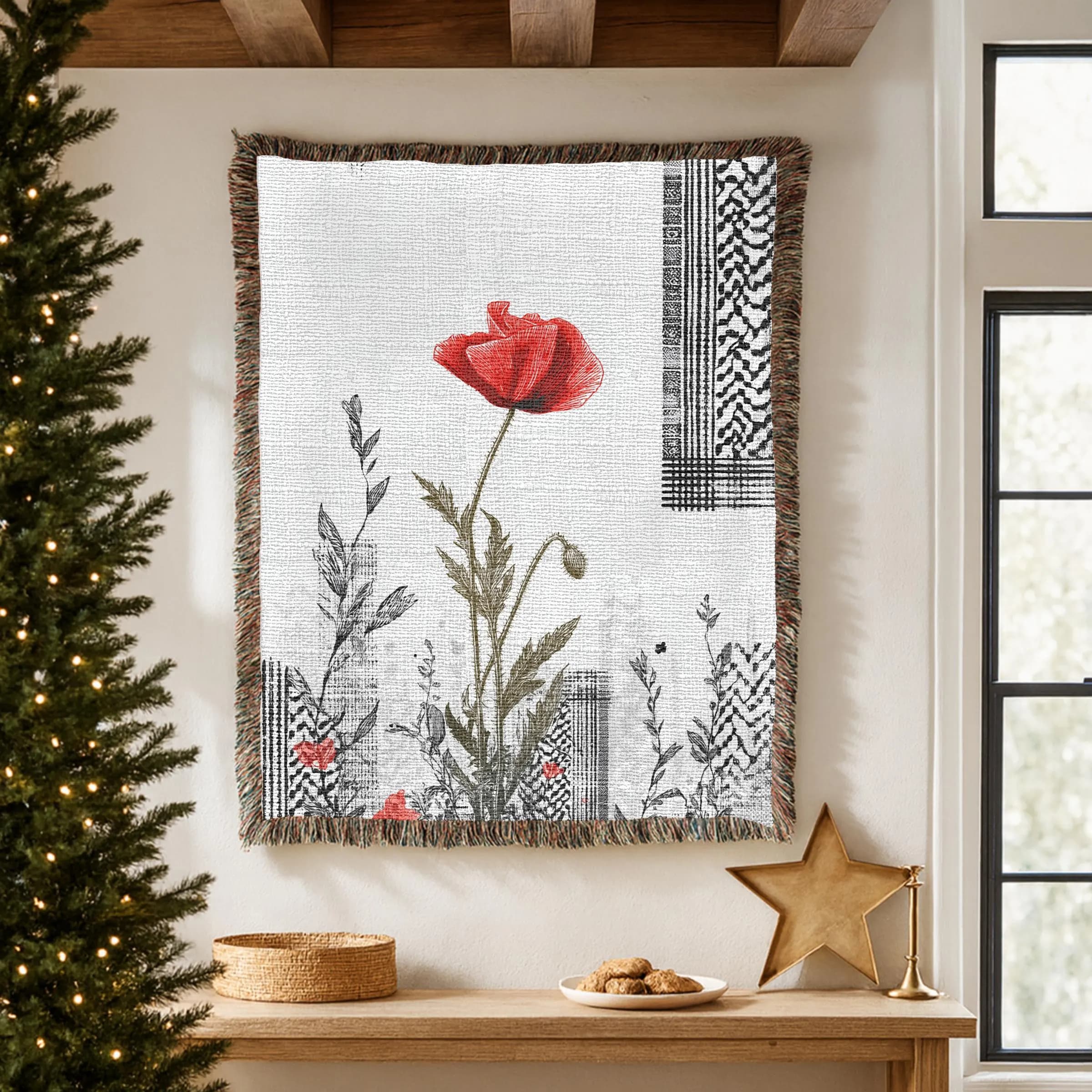 Palestine Blanket - Keffiyeh Throw Blanket, Cozy Couch Blanket, Palestinian Kufiya Blanket, Palestine Poppies Blanket, Palestine Home Decor - image 5