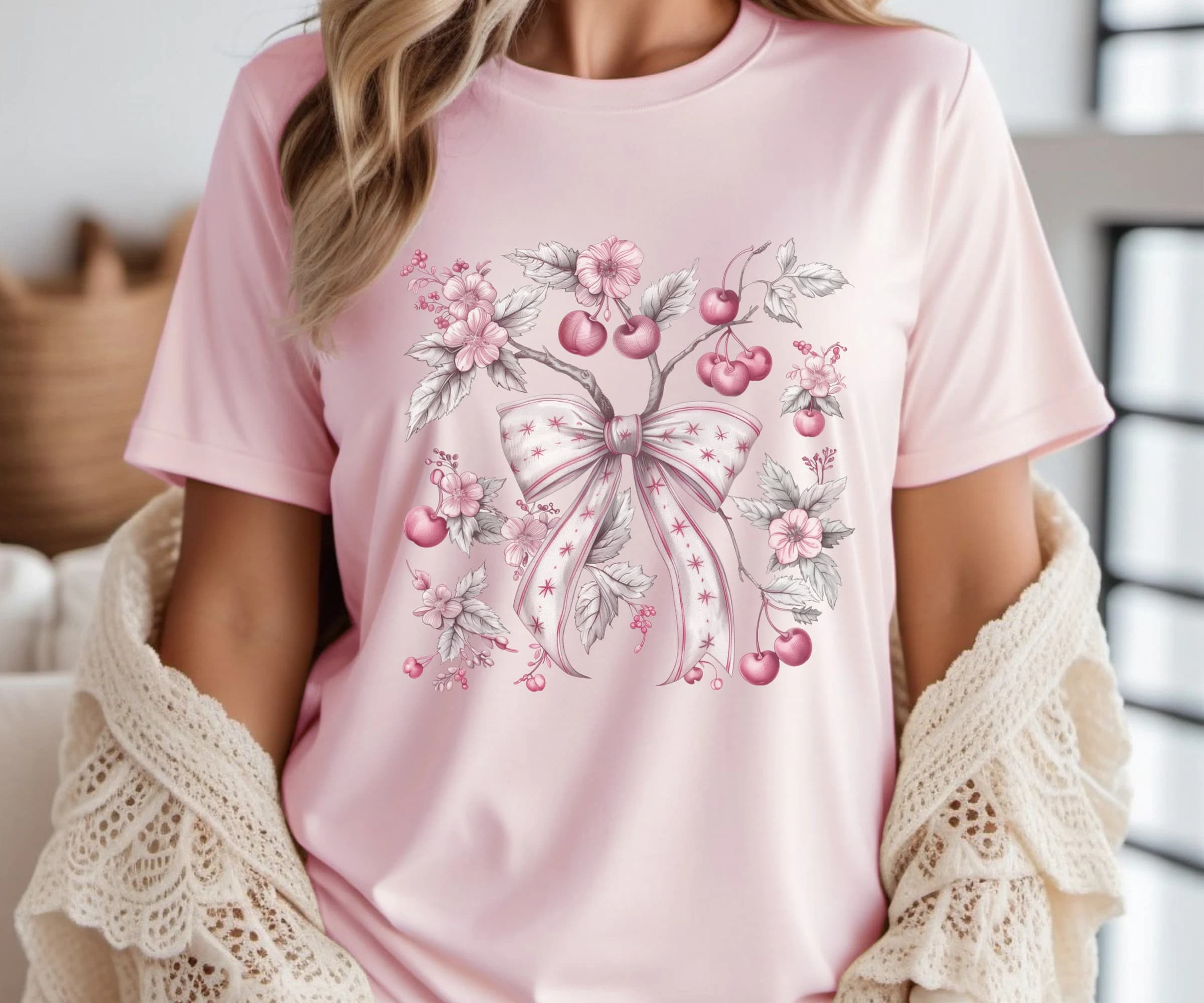 Coquette Bow & Cherry T-shirt, Cottagecore Ribbon Crewneck