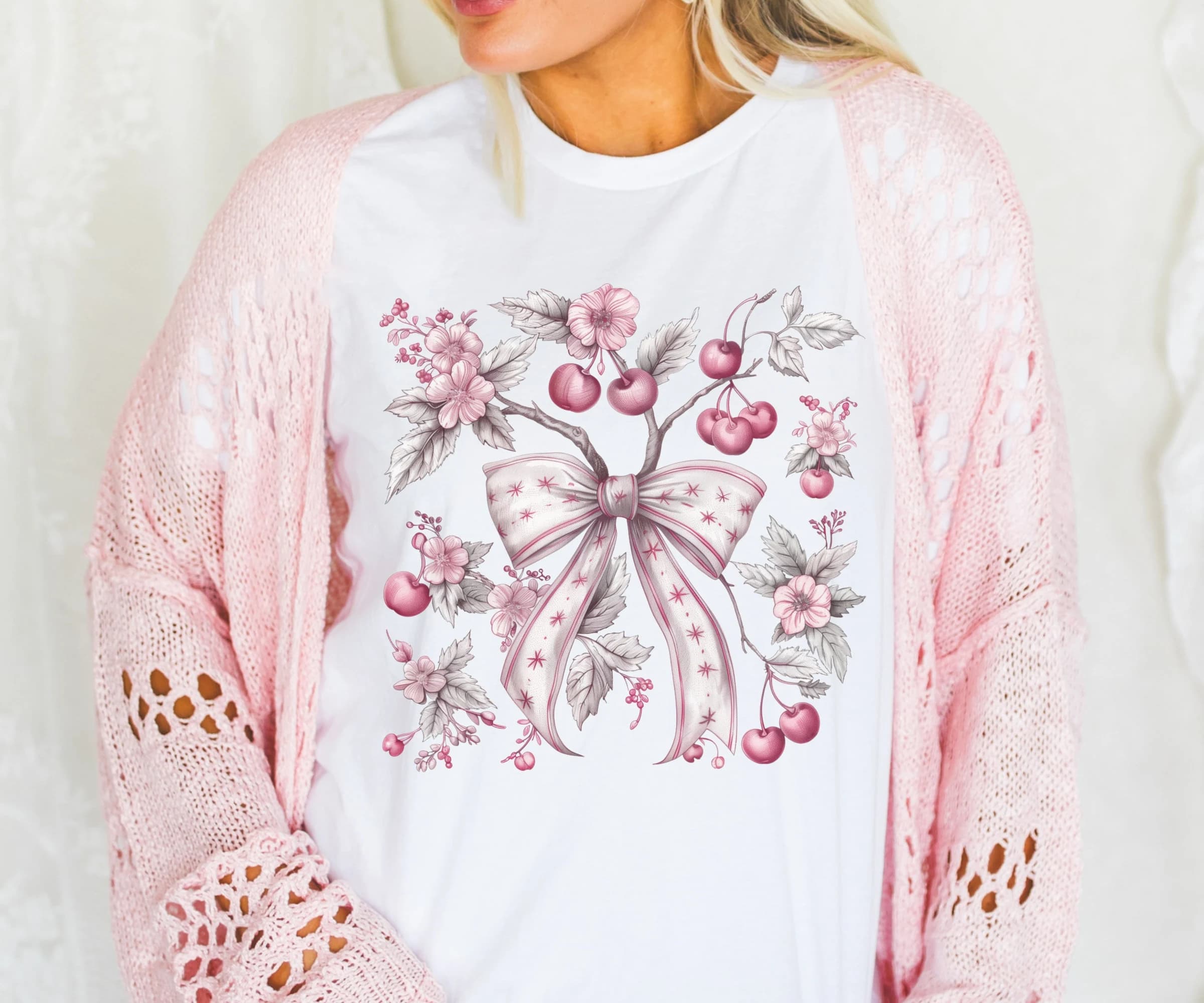 Coquette Bow & Cherry T-shirt, Cottagecore Ribbon Crewneck - image 3