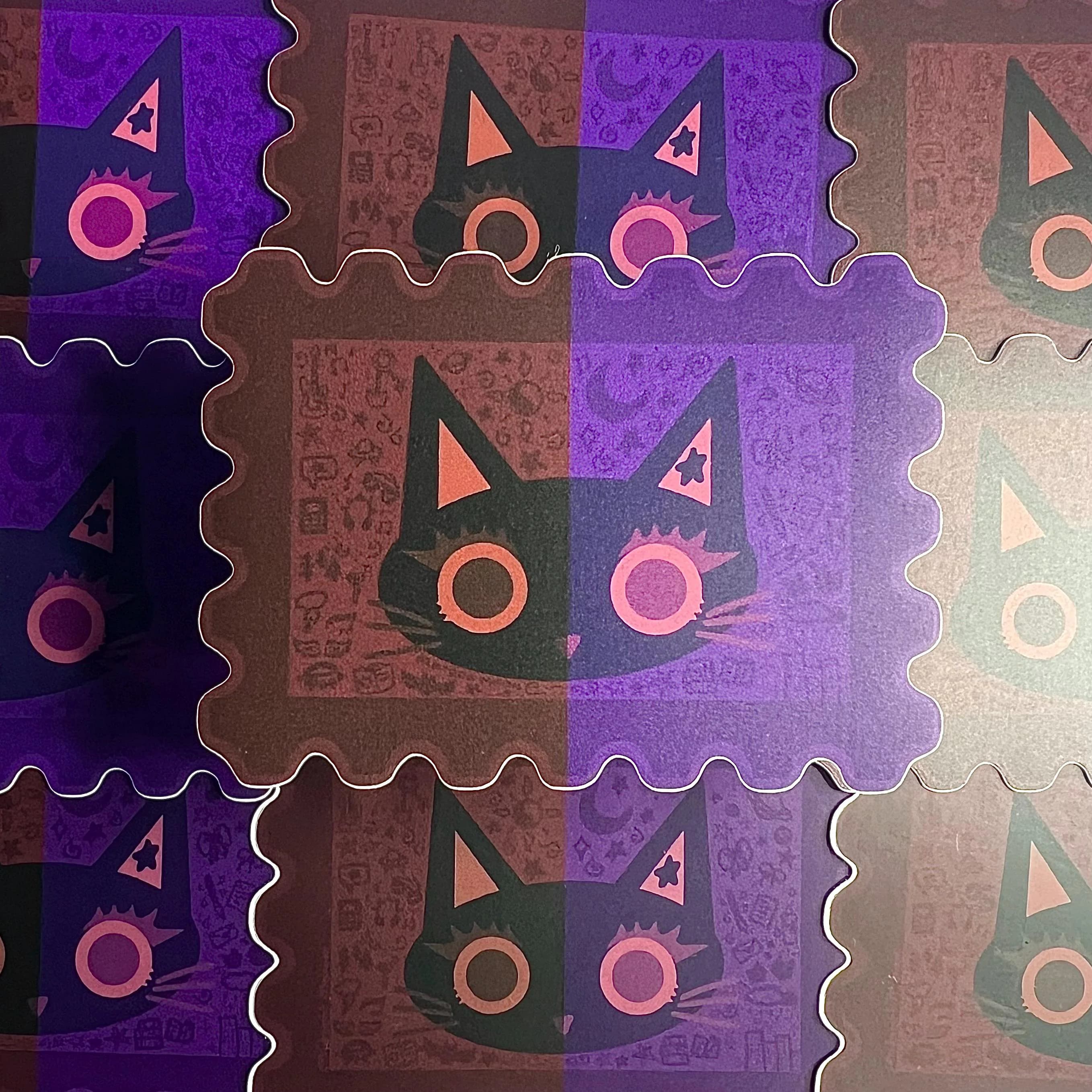 dual colored maroon and dark purple stamp black cat sticker - image 2