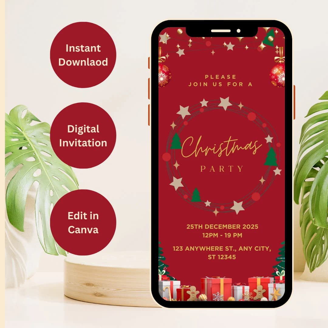 Christmas Party Invitation Card , Kids Christmas party , Editable Digital Invitation, download Canva Christmas Tree Christmas Gifts - image 4