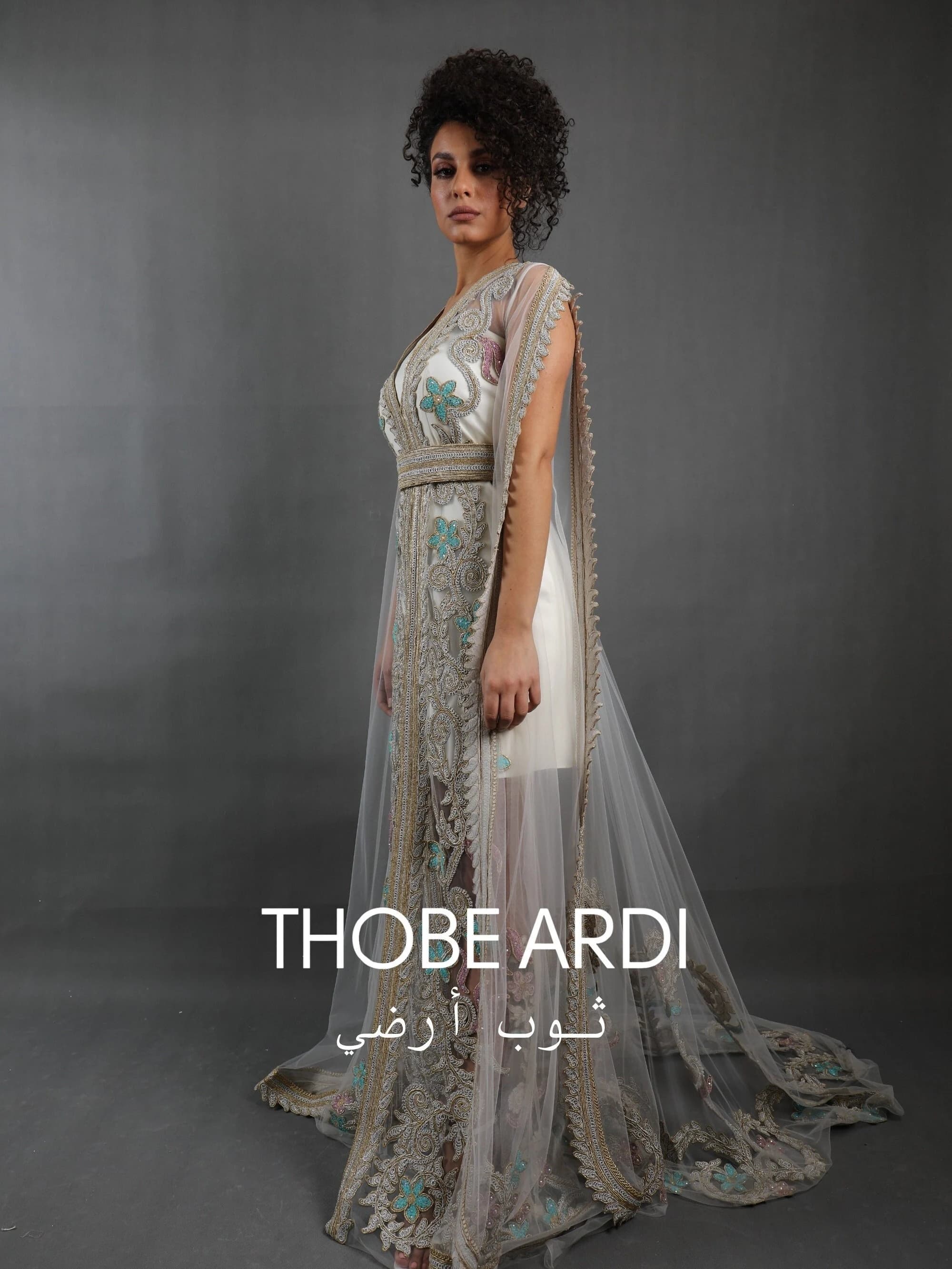 Silver gold bridal kaftan with hand drawn embroidery