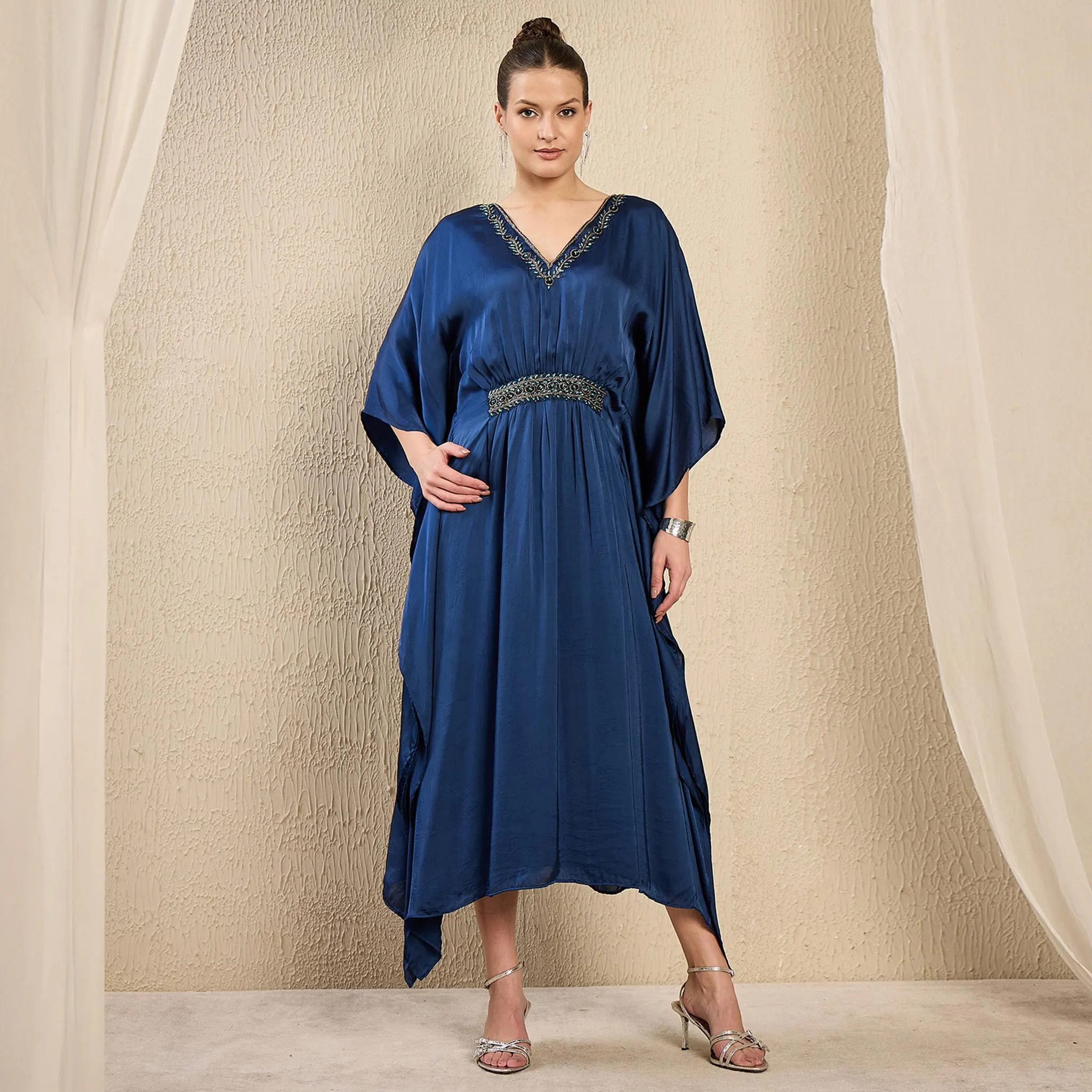 Navy Blue Satin Kaftan, Hand Embroidered Neckline, Mid Length
