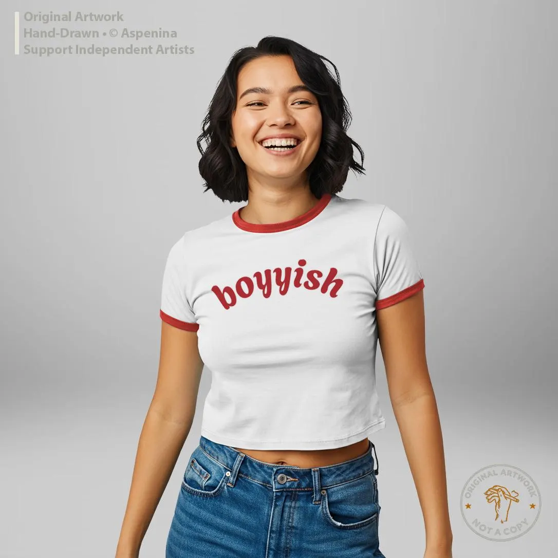 boyyish tee | Women's Ringer Tee, retro script, black and white