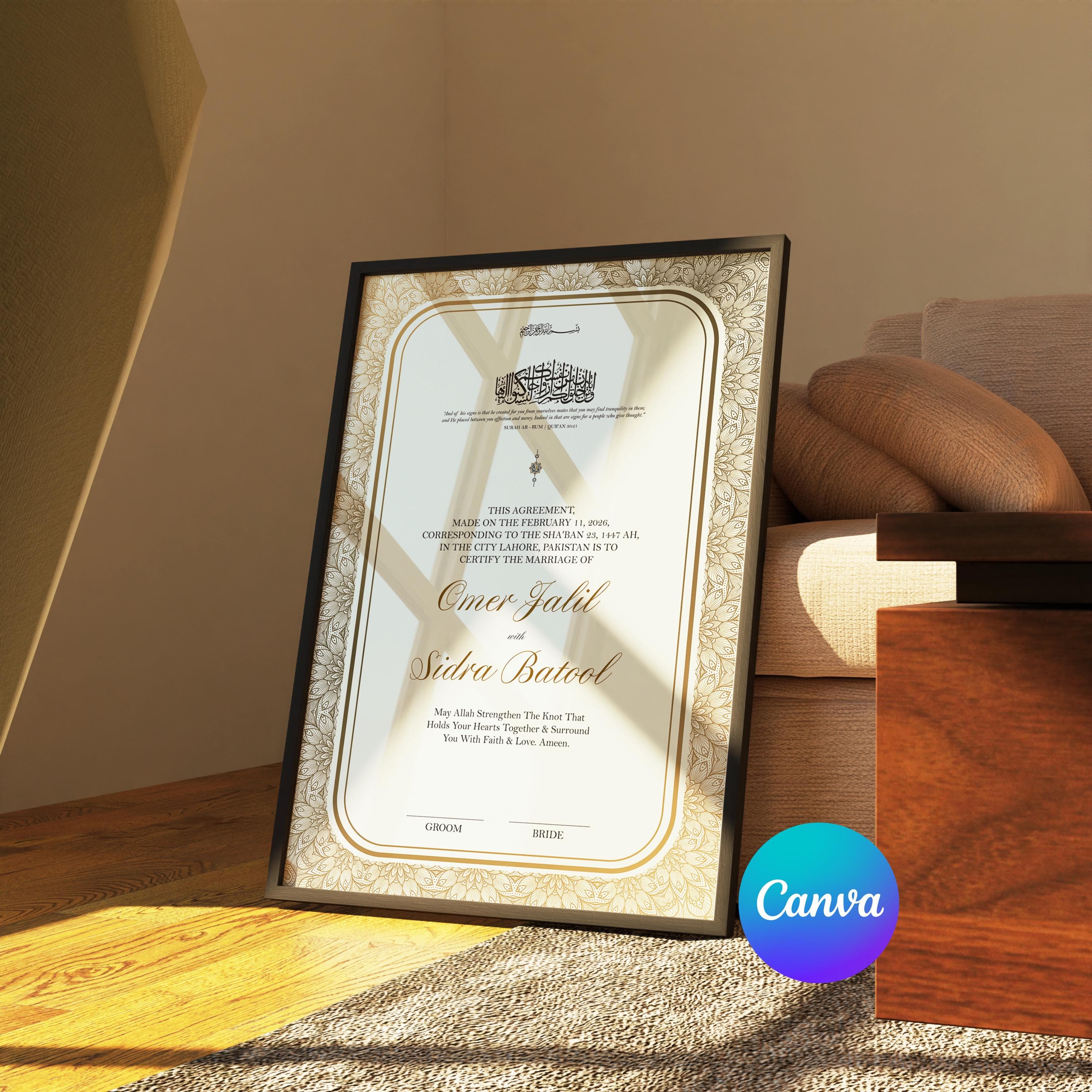 Nikkah Certificate Template A4 A3 | Minimal Islamic Marriage Contract Canva | Editable Muslim Nikah Nama | Gold Wedding Certificate - image 5