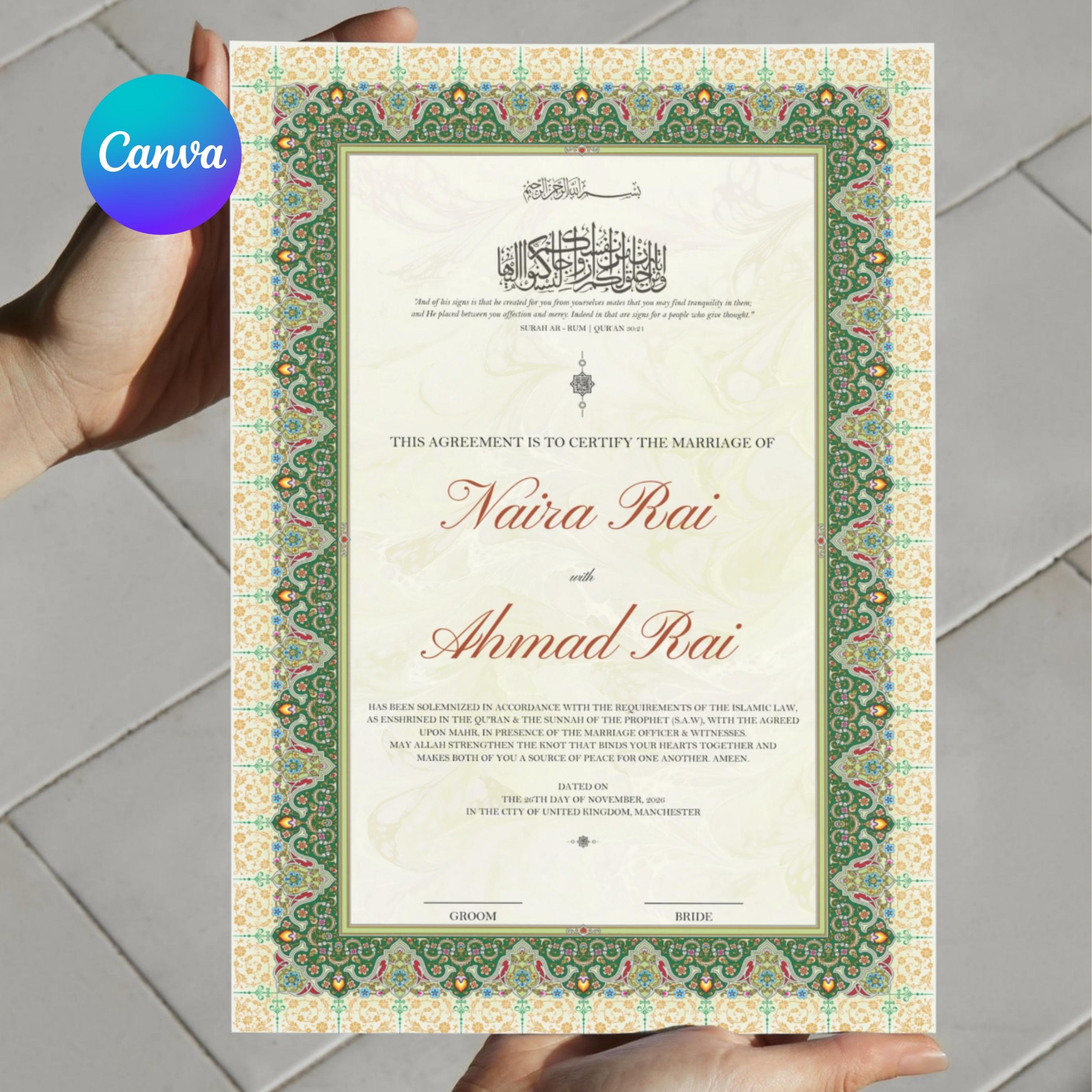 Nikkah Contract Template A4 A3 | Editable Nikkah Wedding Sign Canva | Minimalist Nikkah Contract | Muslim Nikah Nama, Digital Download - image 5