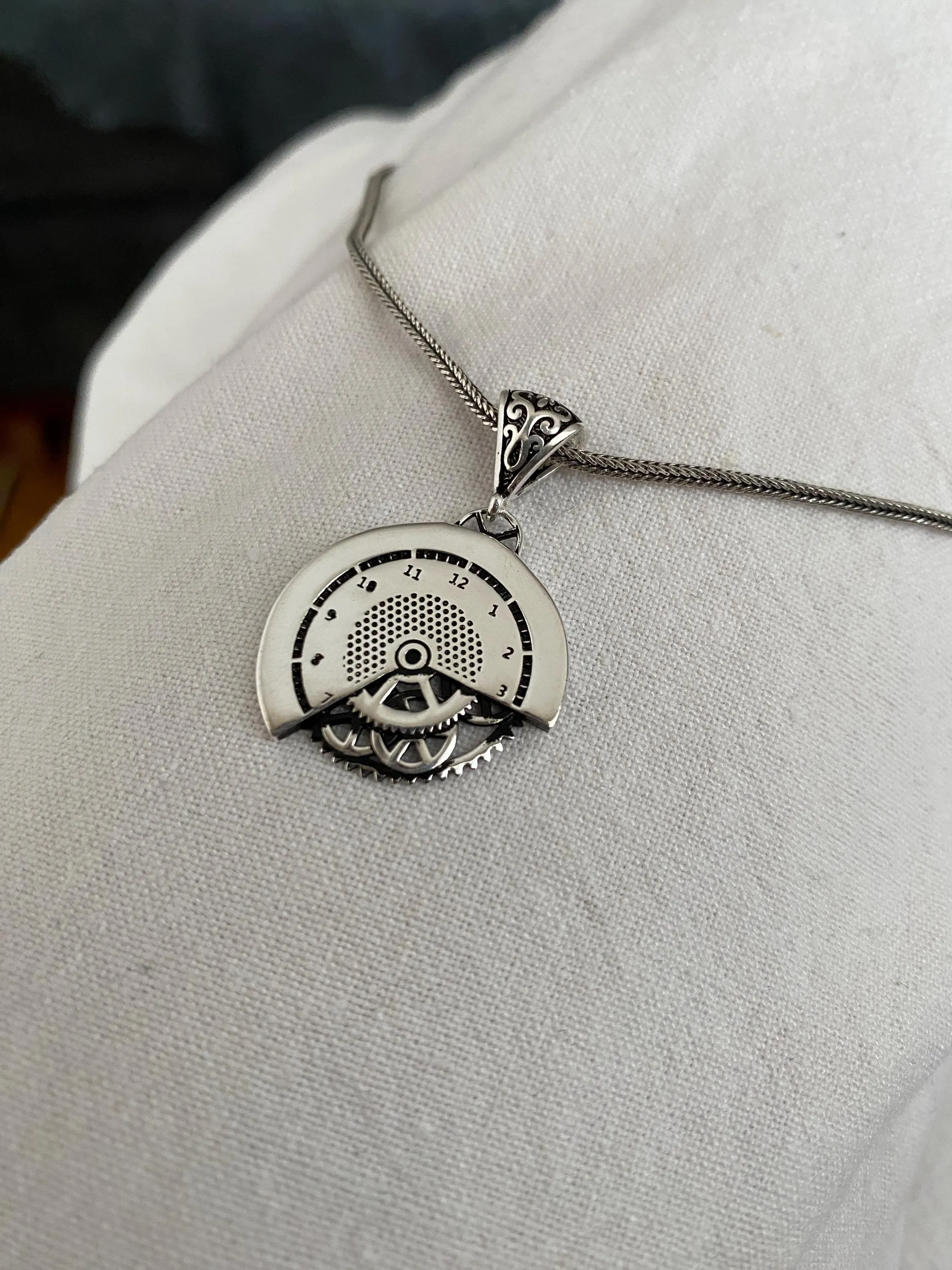 Sterling Silver Steampunk Watch Movement Necklace, Clockwork Gear Pendant, Oxidized Industrial Unisex Jewelry