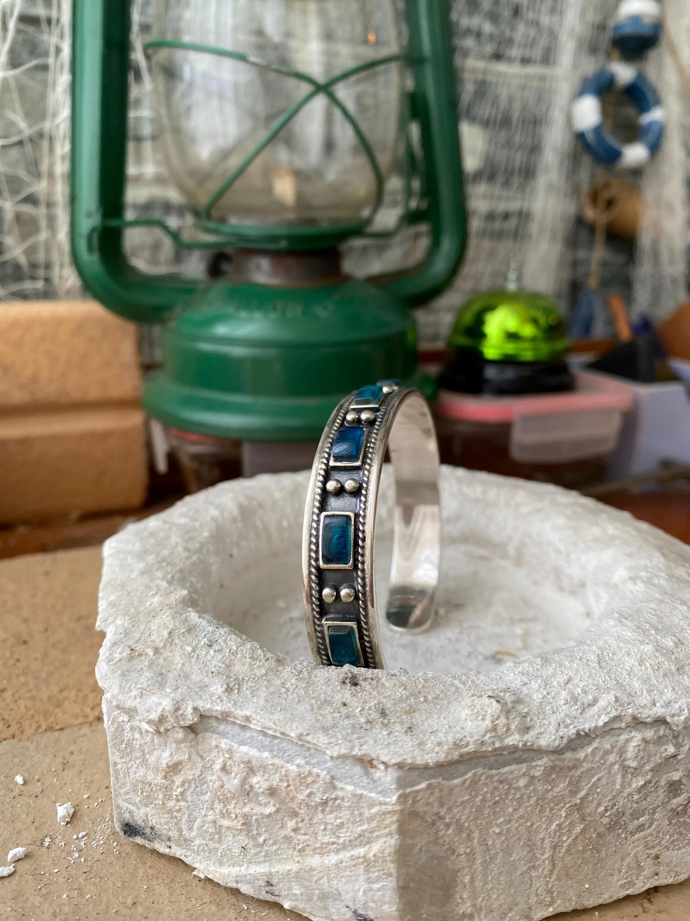 Sterling Silver Blue Enamel Cuff Bracelet, Personalized Oxidized Vintage Artisan Unisex Bangle - image 3