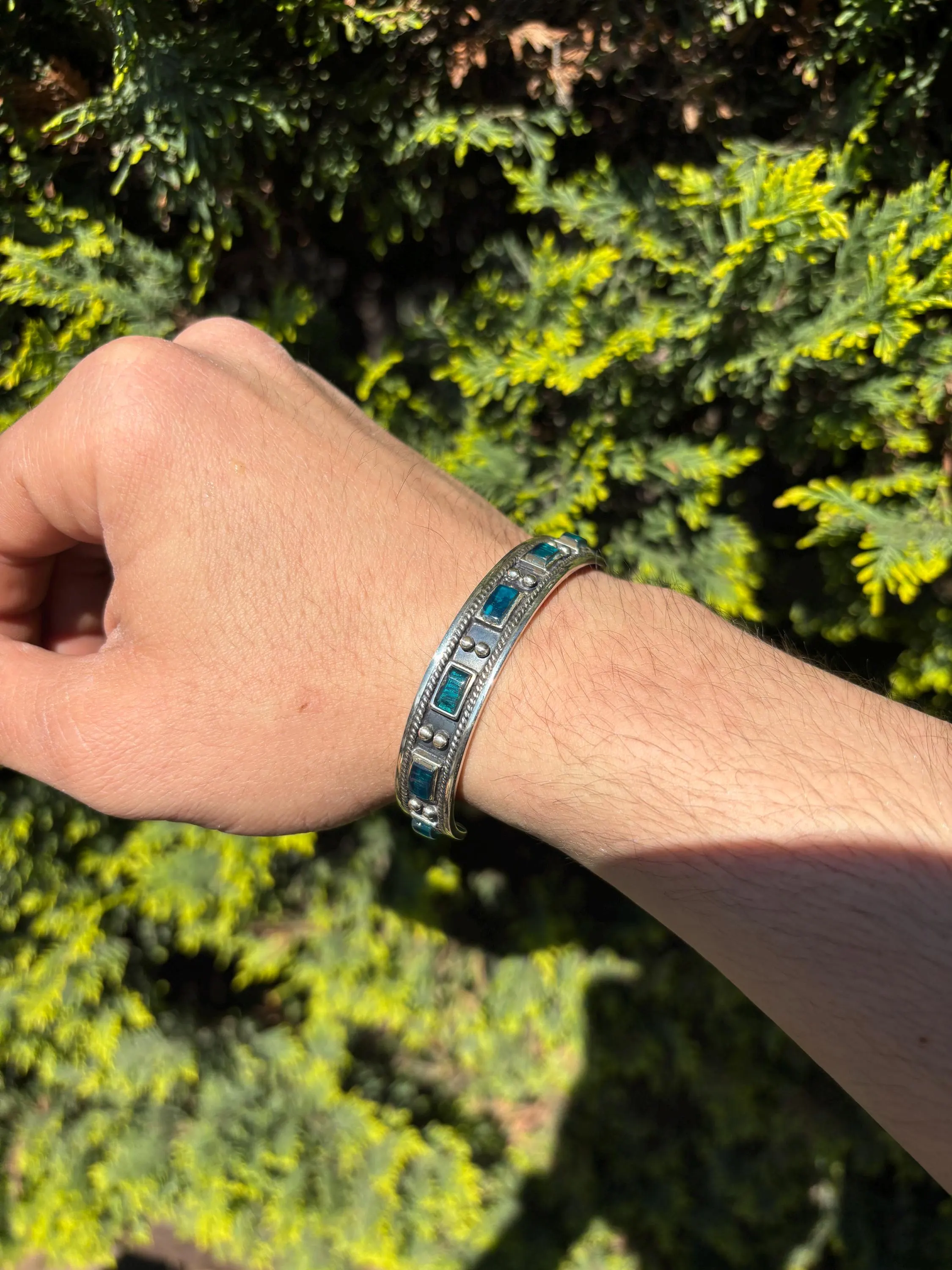 Sterling Silver Blue Enamel Cuff Bracelet, Personalized Oxidized Vintage Artisan Unisex Bangle - image 2
