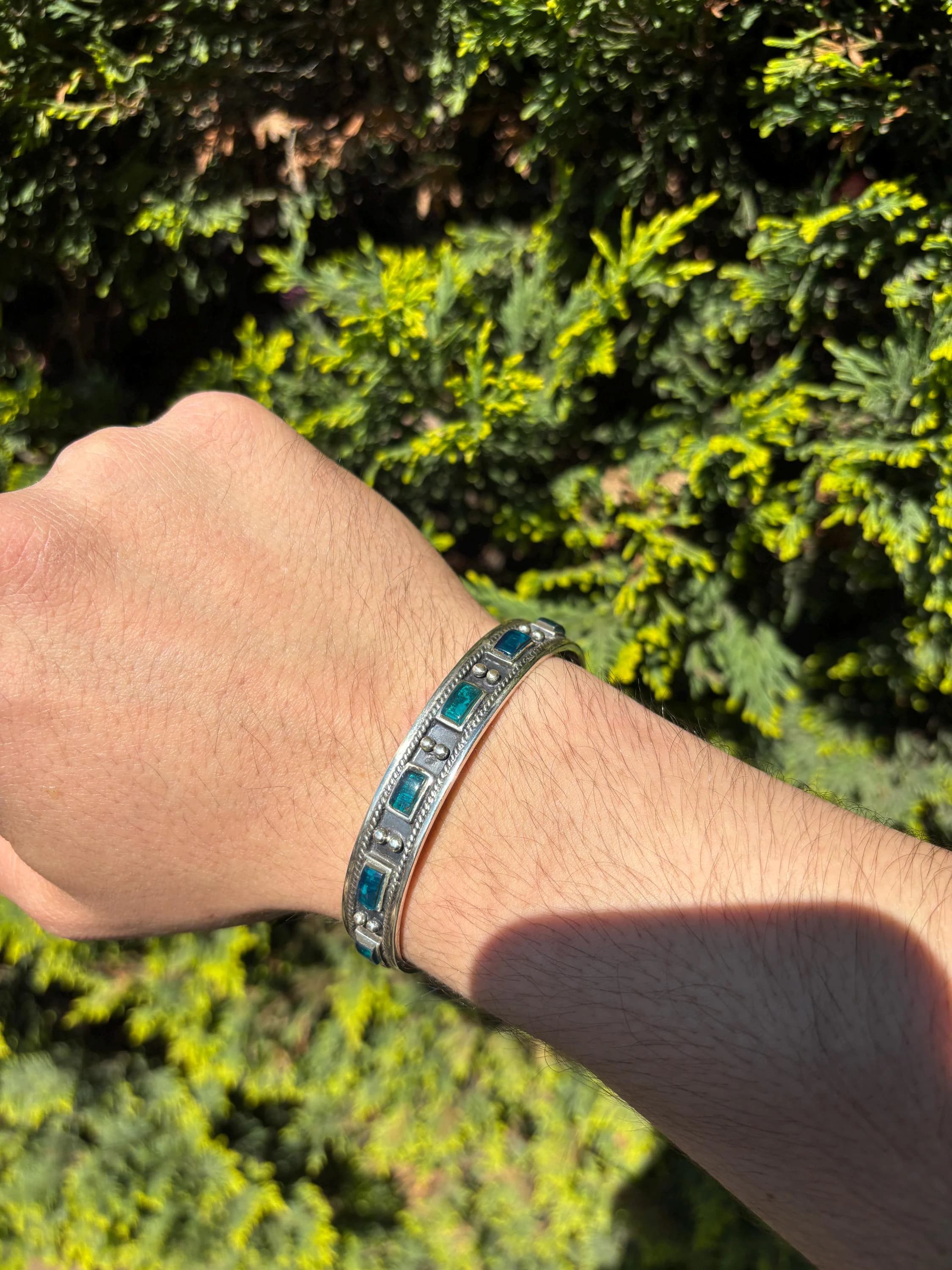 Sterling Silver Blue Enamel Cuff Bracelet, Personalized Oxidized Vintage Artisan Unisex Bangle