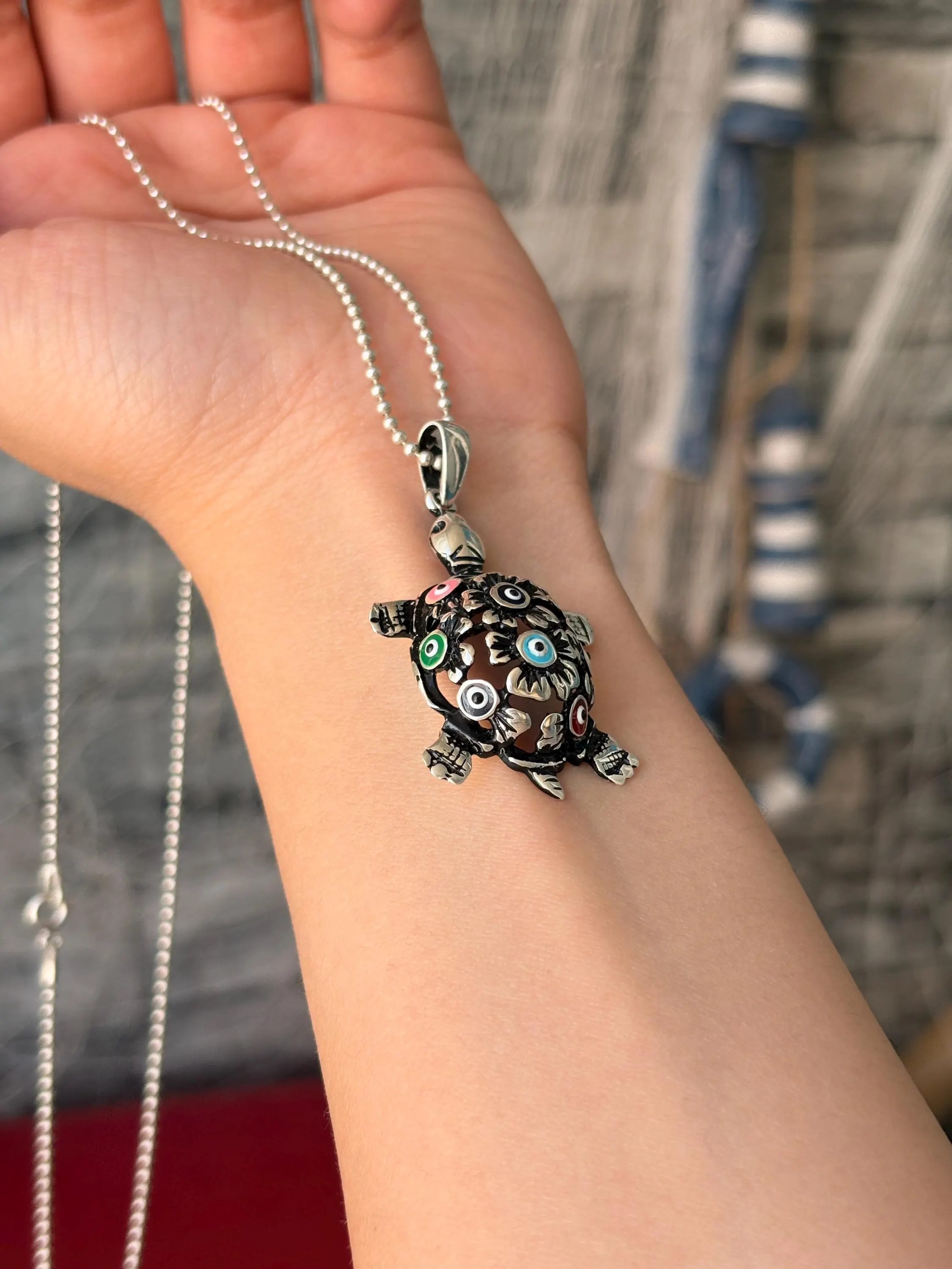 Sterling Silver Evil Eye Turtle Necklace, Personalized Colorful Animal Pendant, Protective Unisex Jewelry