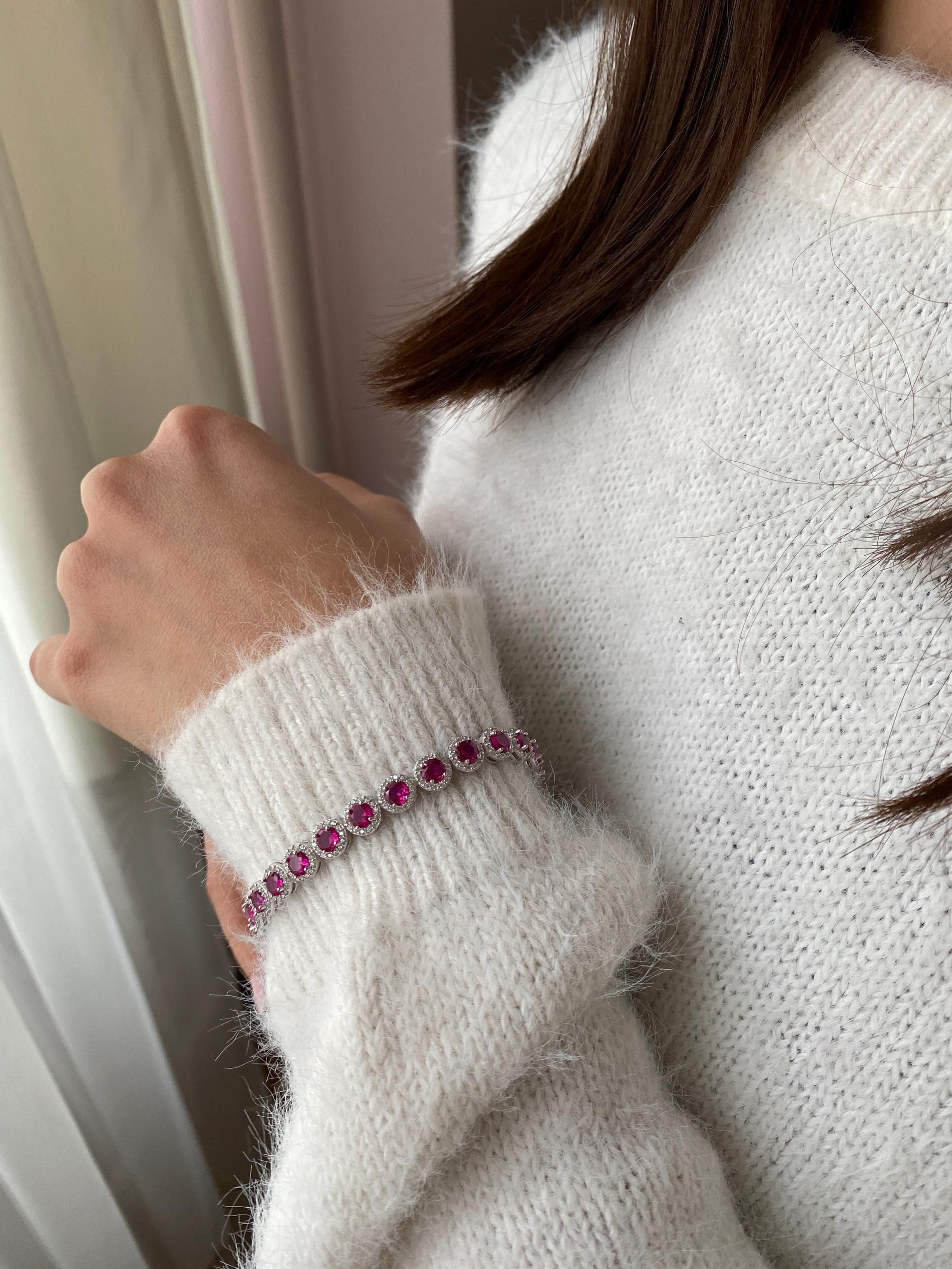 Sterling Silver Pink CZ Tennis Bracelet, Personalized Round Halo Design, Handmade Jewelry for Women