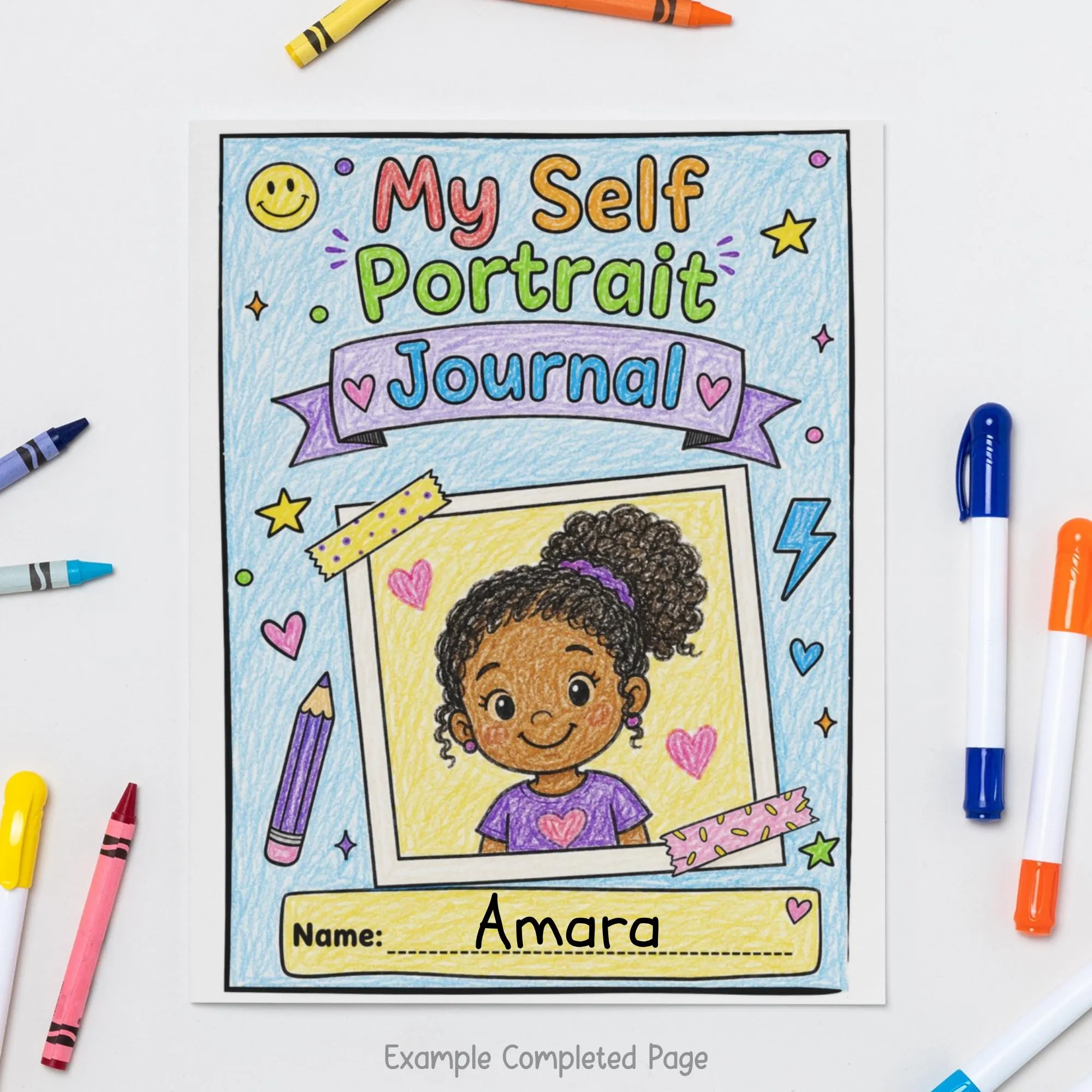 Completed example of a child’s self portrait worksheet with crayon coloring, monthly drawing, and name writing. Shows how the printable keepsake activity can be used.